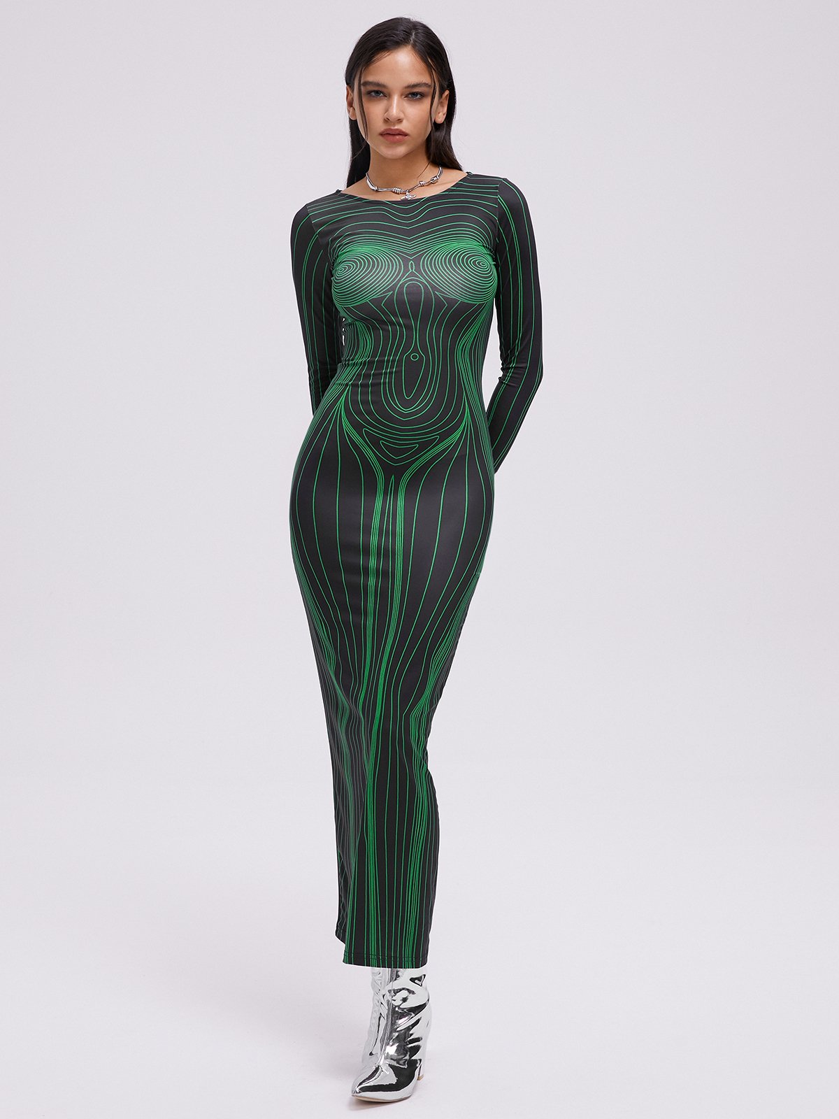 Body Print Crew Neck Long Sleeve Maxi Dress