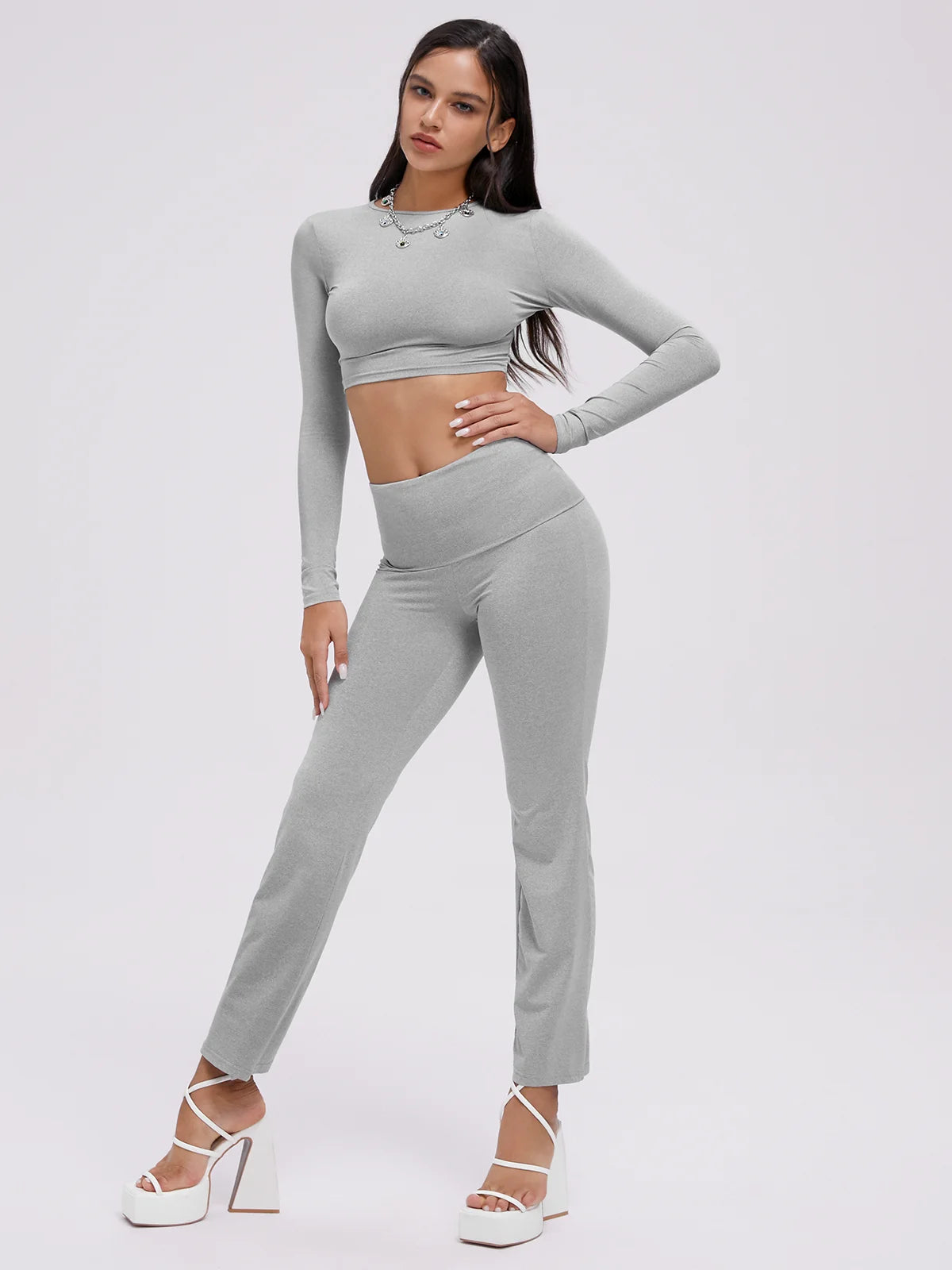 Crew Neck Long Sleeve Plain Top With Pants Two-Piece Set