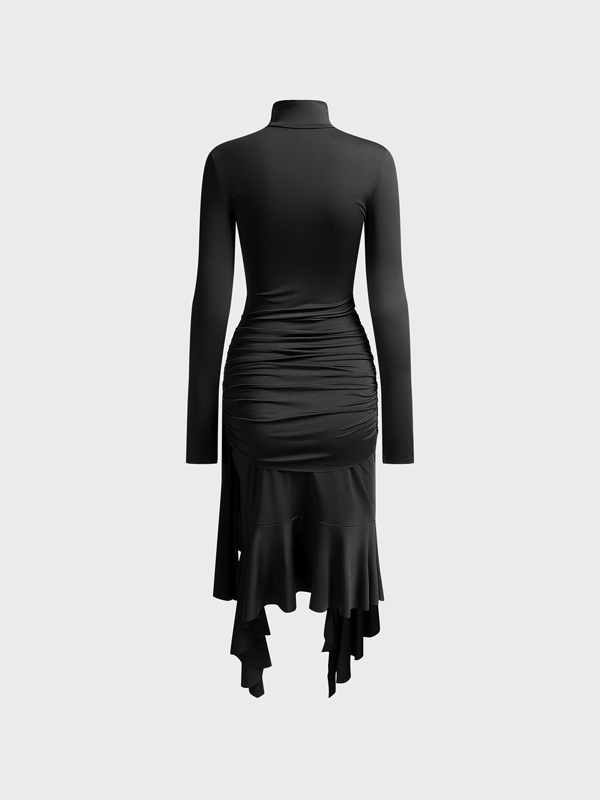 Ruffles Side Slit Half Turtleneck Plain Long Sleeve Maxi Dress