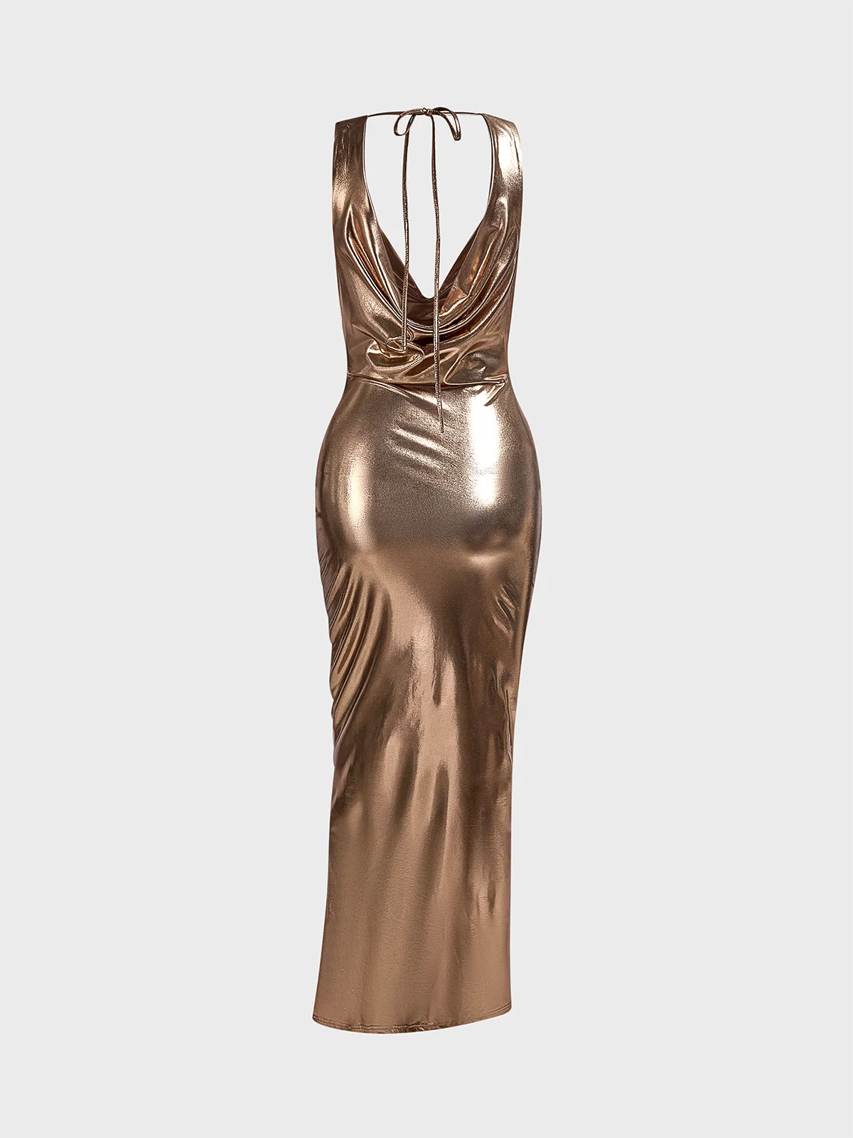 Metallic Backless Deep V Neck Plain Sleeveless Maxi Dress