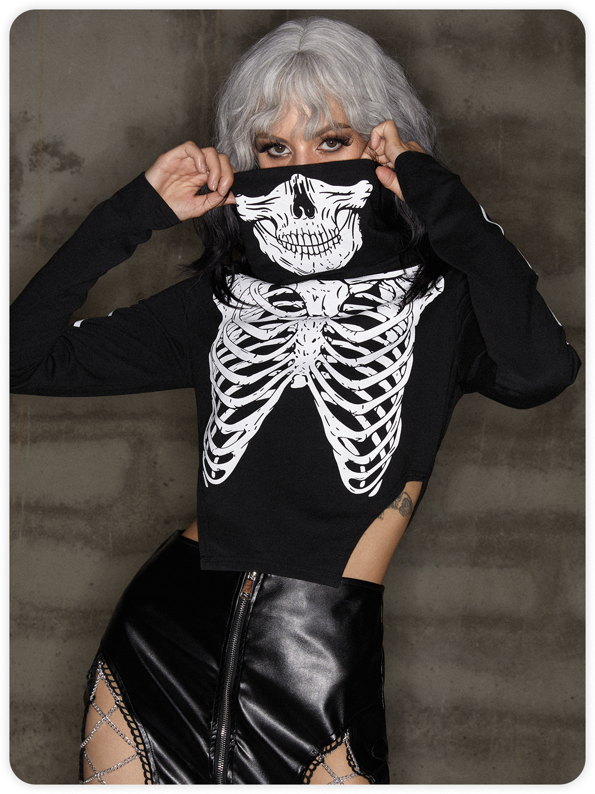 Punk Black Skull High Neck Cropped Halloween Top T-Shirt