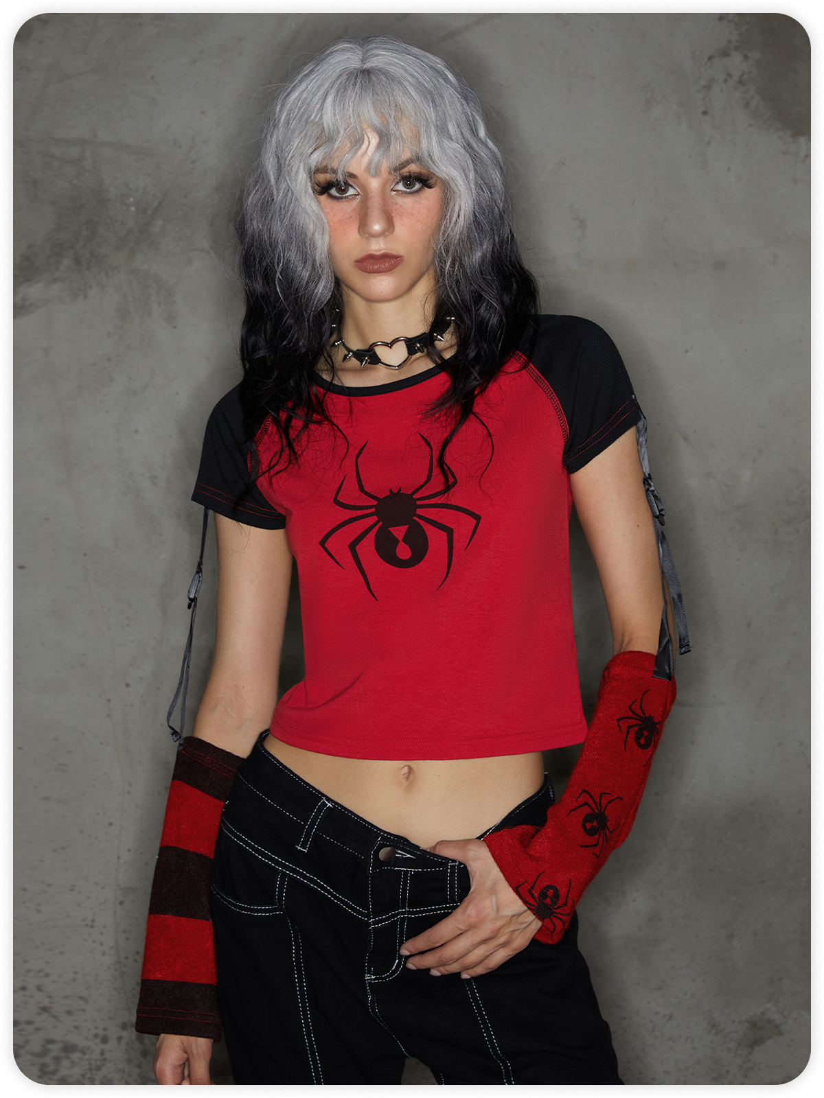 Punk Red Arm Slevees Asymmetrical Design Halloween Top T-Shirt