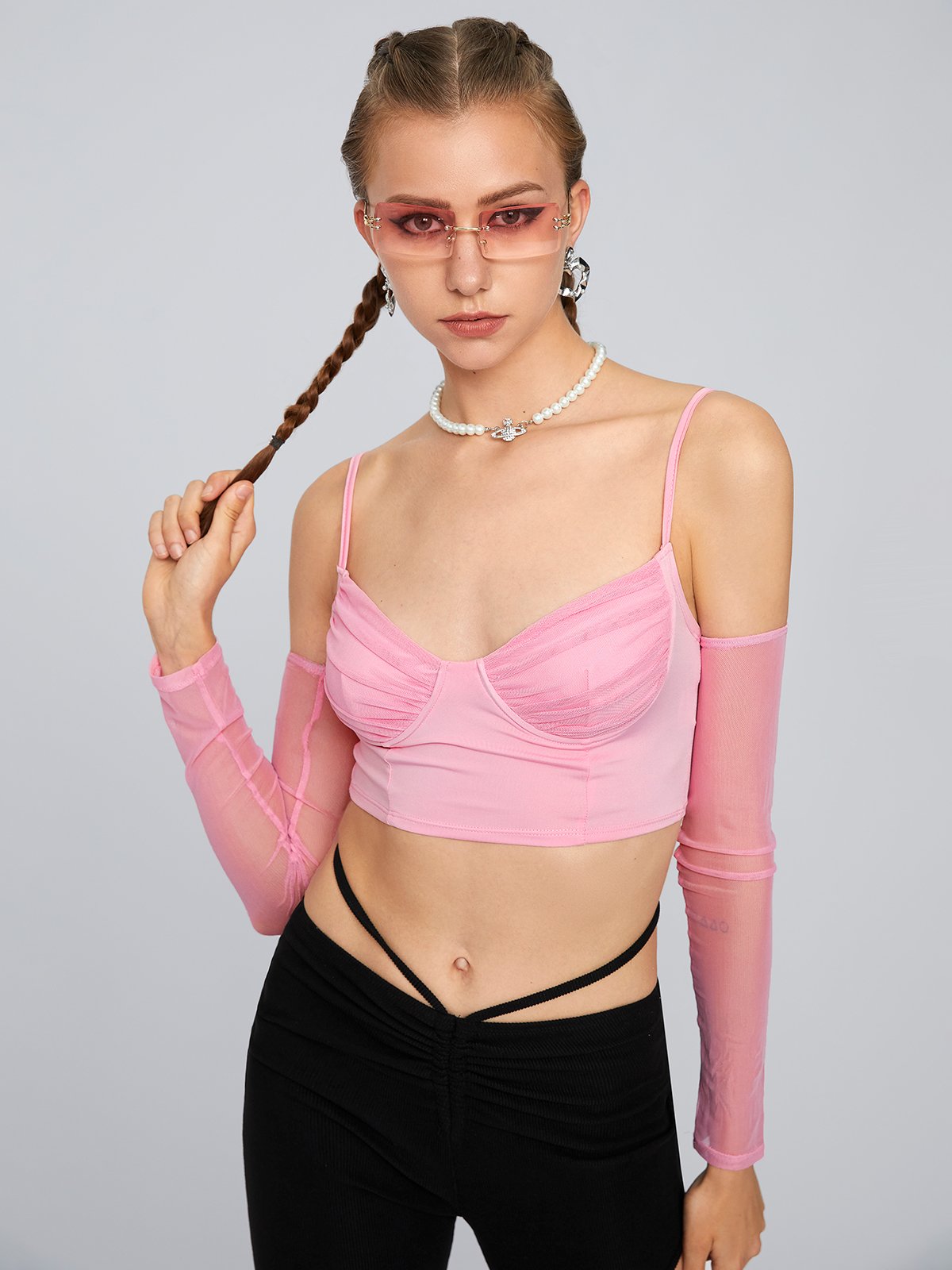 Y2K Fashion Pink Mesh Spaghetti Strap Top Women Top