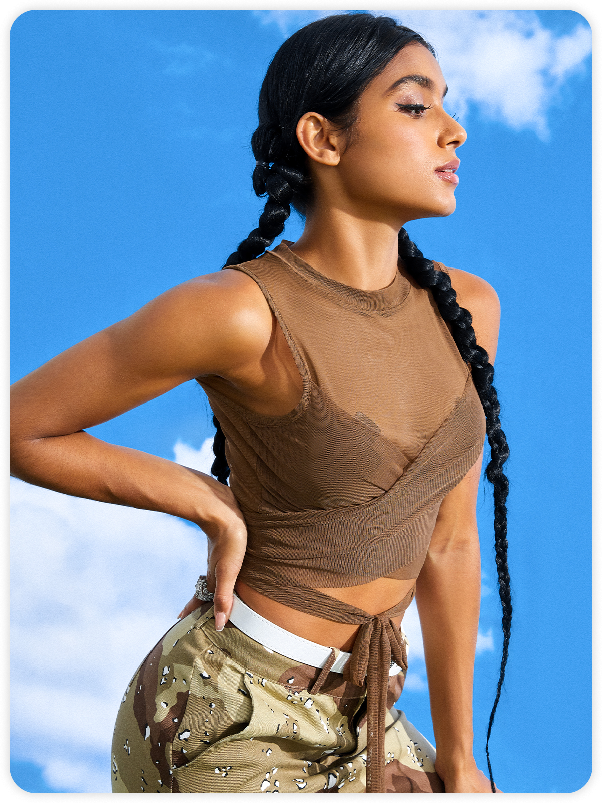 Edgy Brown Mesh Tie Up Double Layer Top Tank Top & Cami