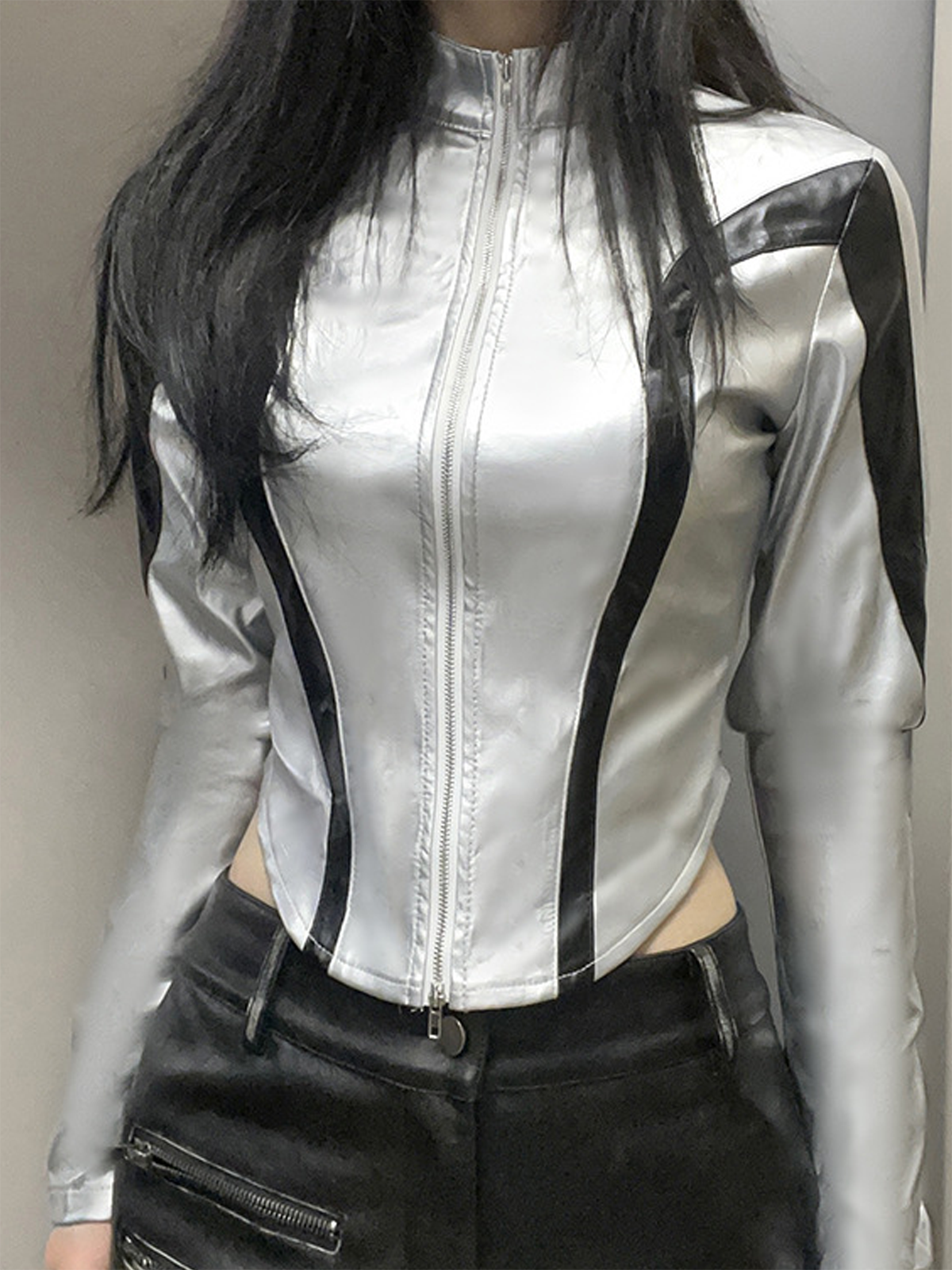 Metallic Stand Collar Plain Long Sleeve Jacket