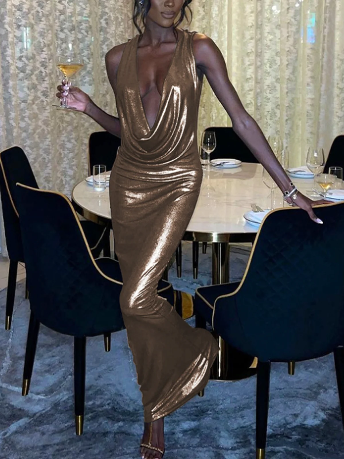 Metallic Backless Deep V Neck Plain Sleeveless Maxi Dress