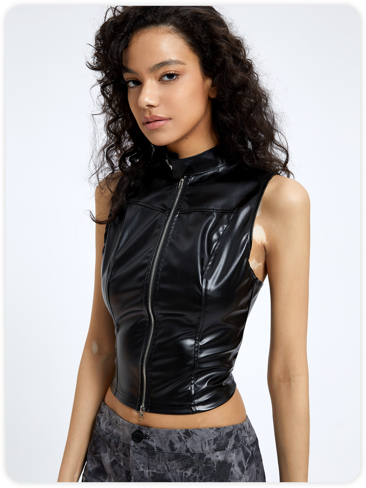 Street Black Leather Backless Zip up Top Tank Top & Cami