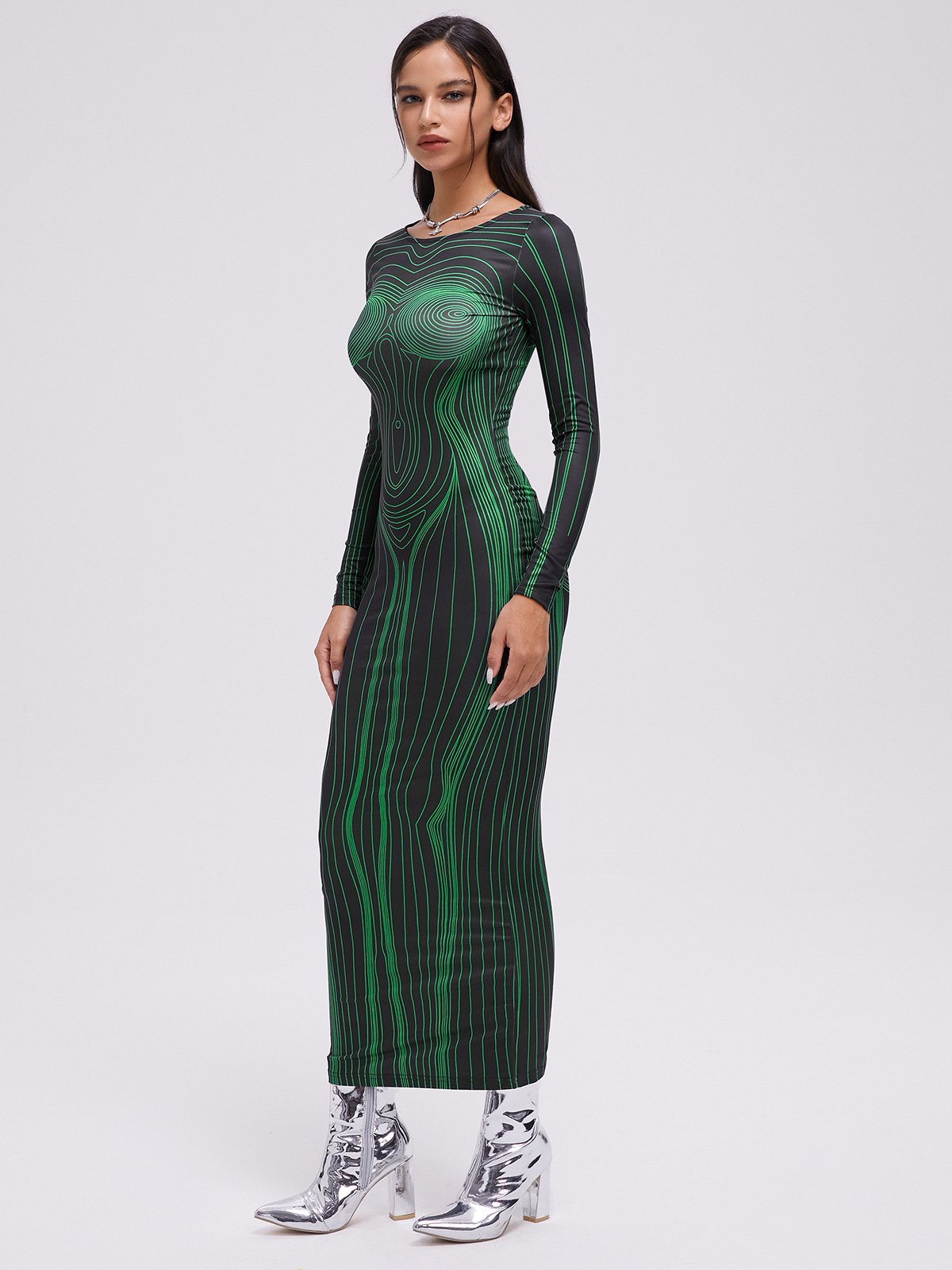 Body Print Crew Neck Long Sleeve Maxi Dress