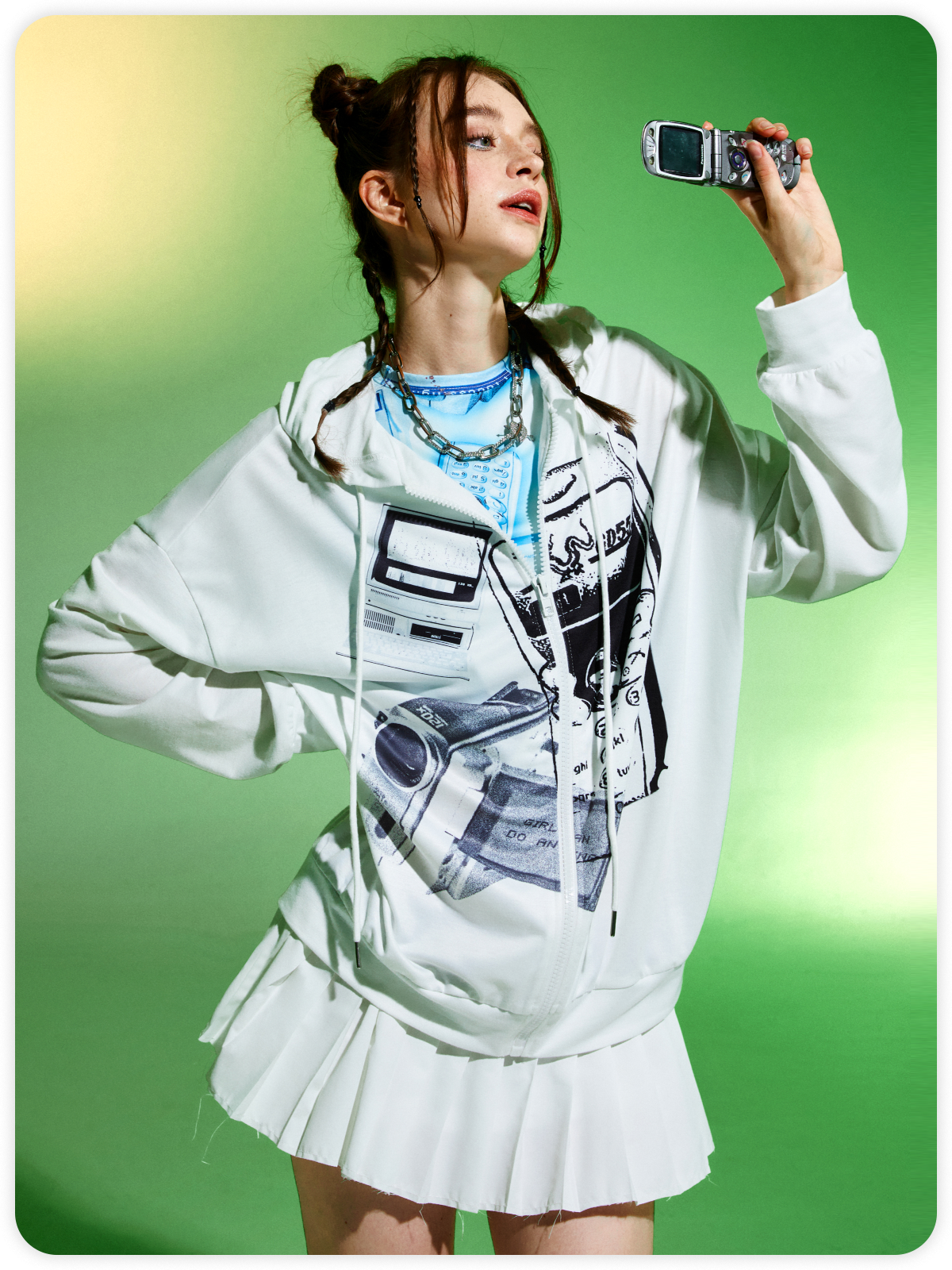 Y2K White Abstract Oversized Back To School Top Hoodie & Sweatshirt