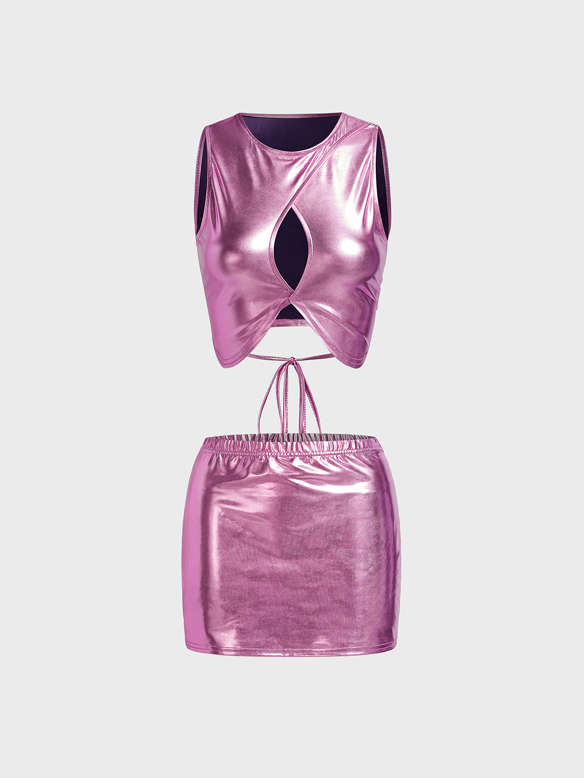 Metallic Cut Out Plain Top With Skirt Two-Piece Set