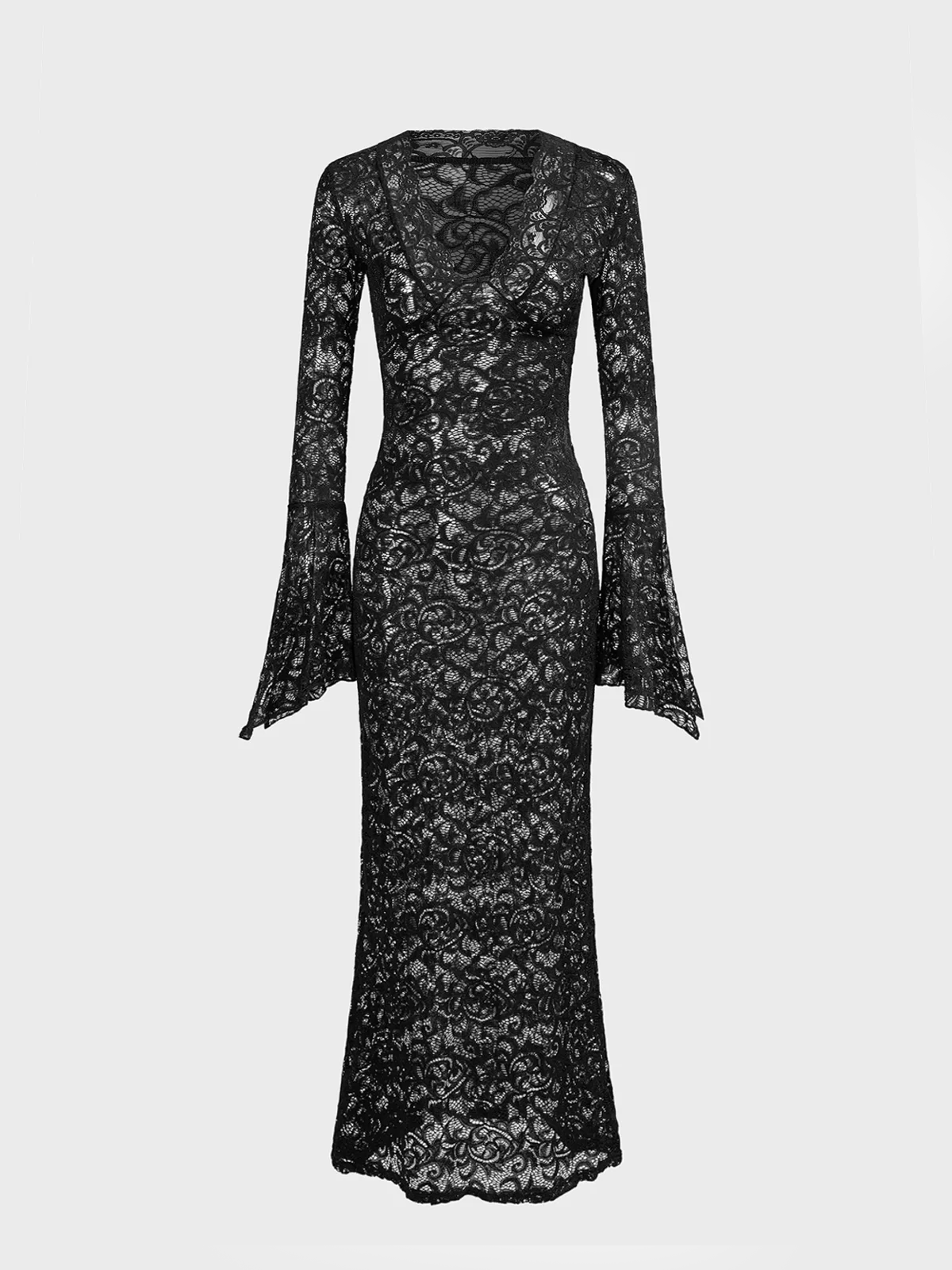 Lace V Neck Plain Long Sleeve Maxi Dress