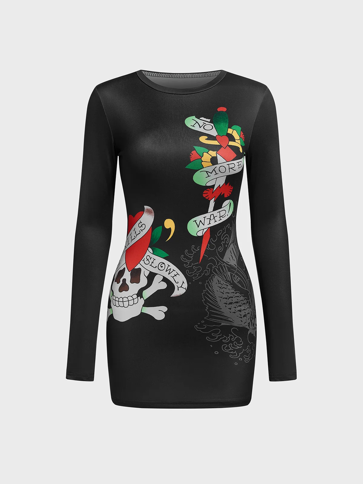 Crew Neck Skull Long Sleeve Short Dress