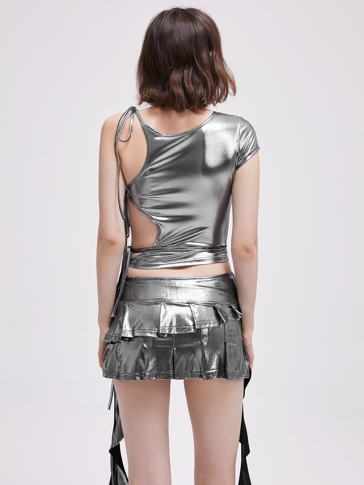 Metallic Asymmetrical Crew Neck Plain Short Sleeve T-Shirt