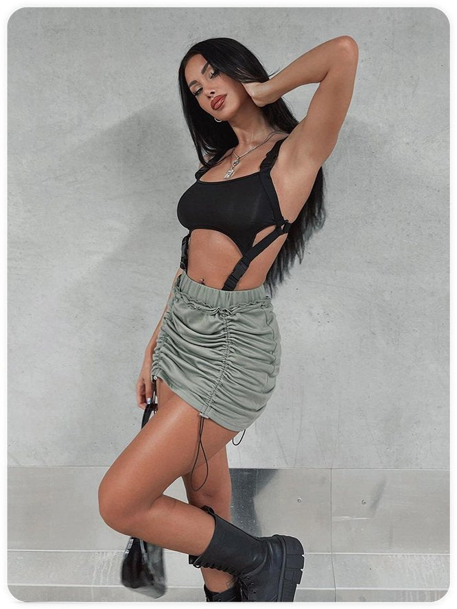 Y2K Army Green Wrinkled Elastic Strap Drawstring Bottom Skirt