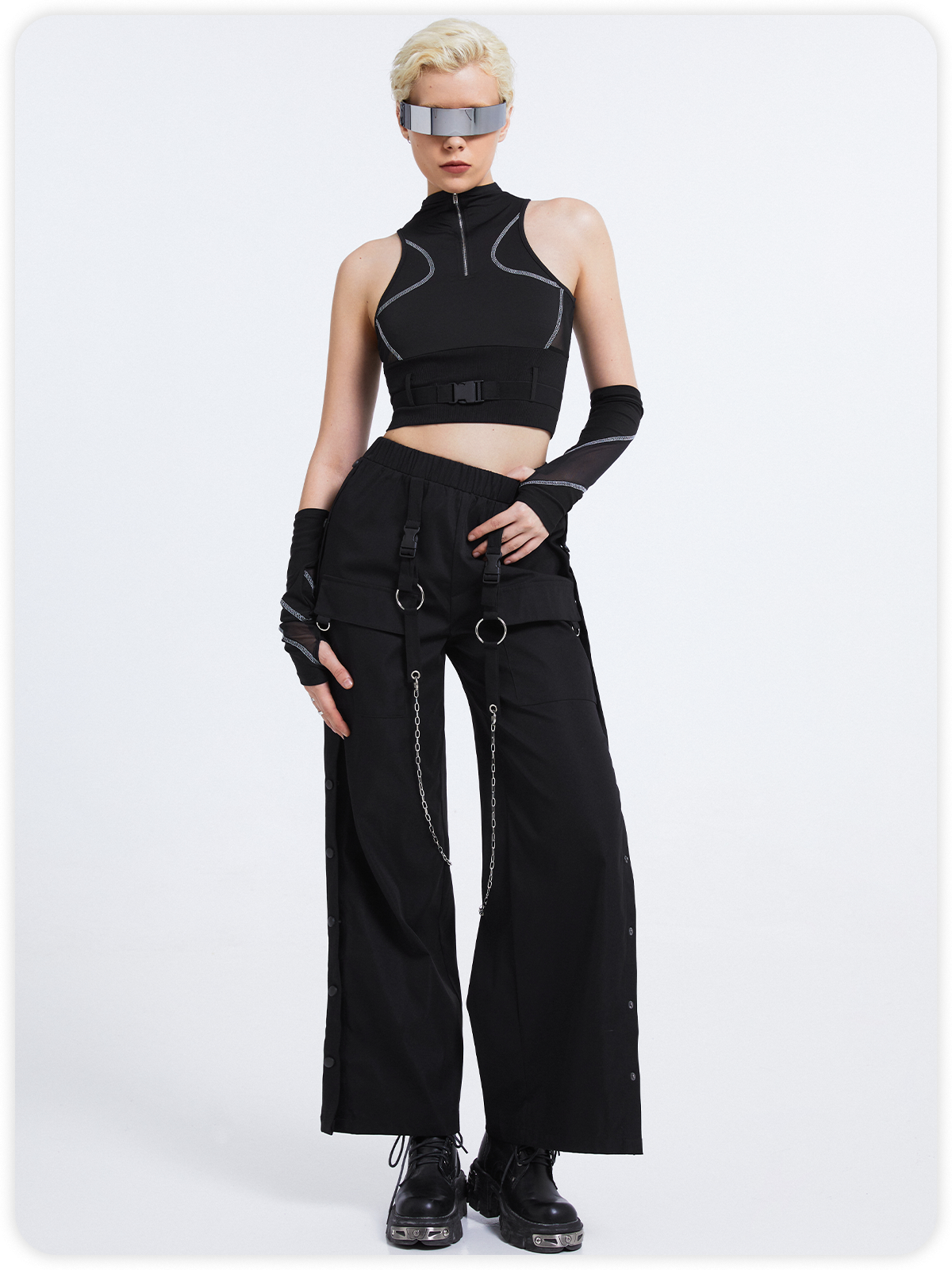 Street Black Color Block Patchwork Mesh Top Women Top