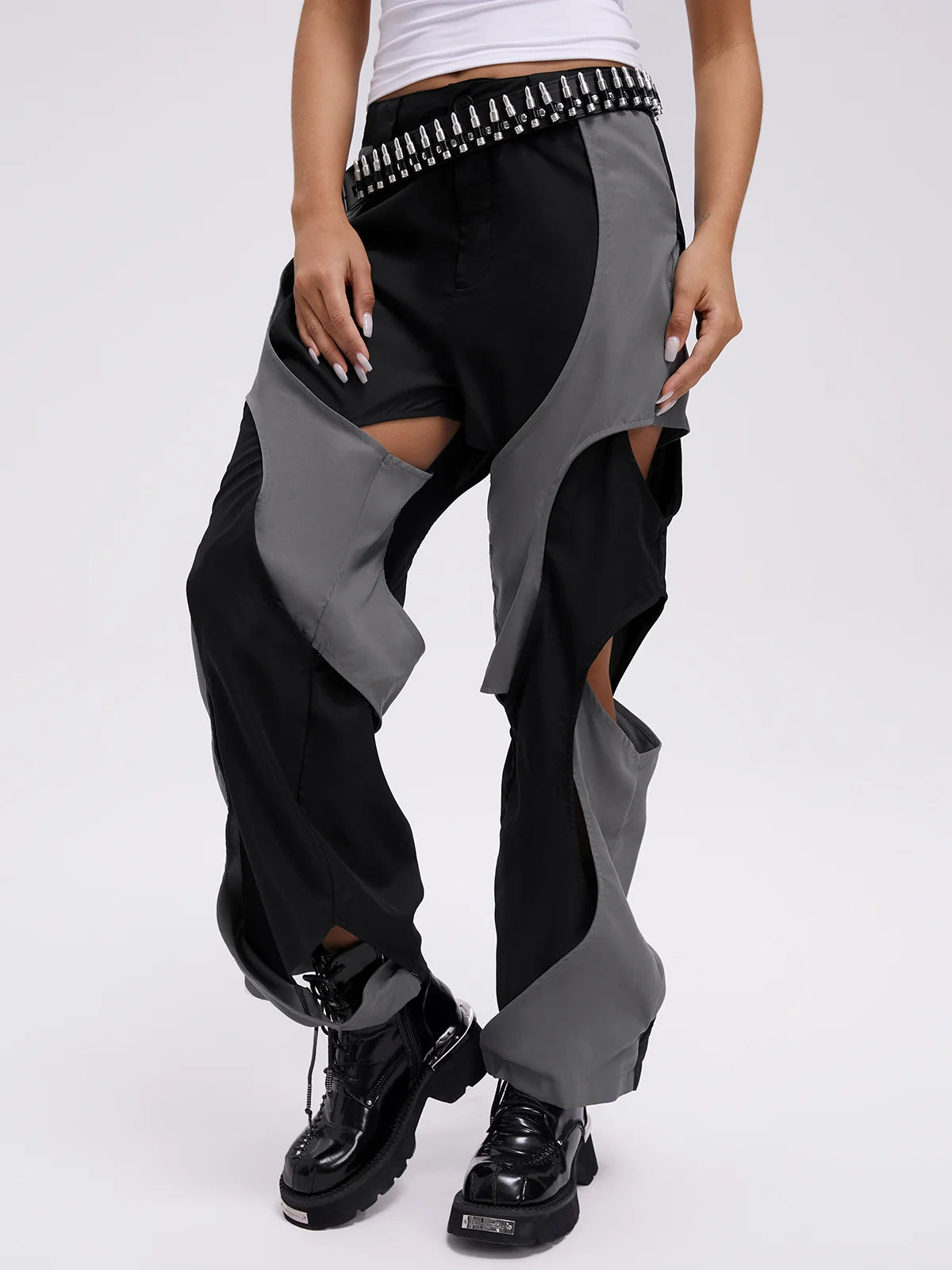 Street Gray Color block Cut out Bottom Pants