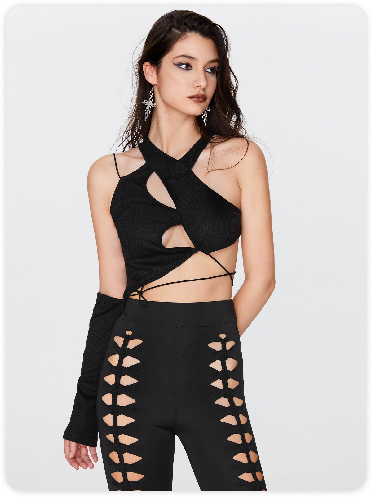 Edgy Black Lace-Up Design Asymmetrical Design Top Women Top