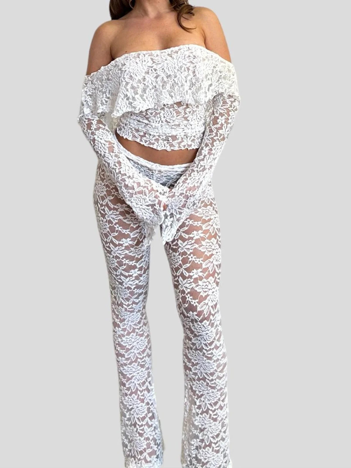 Lace Plain Top With Pants Two-Piece Set