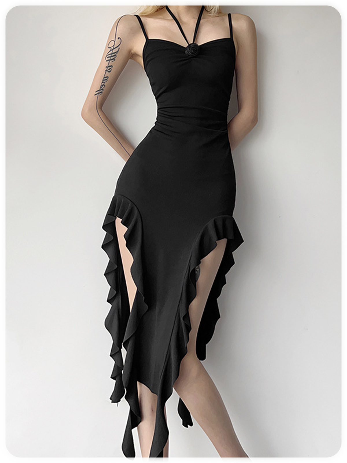 Y2k Black Ruffles Wrinkle Party Dress Midi Dress