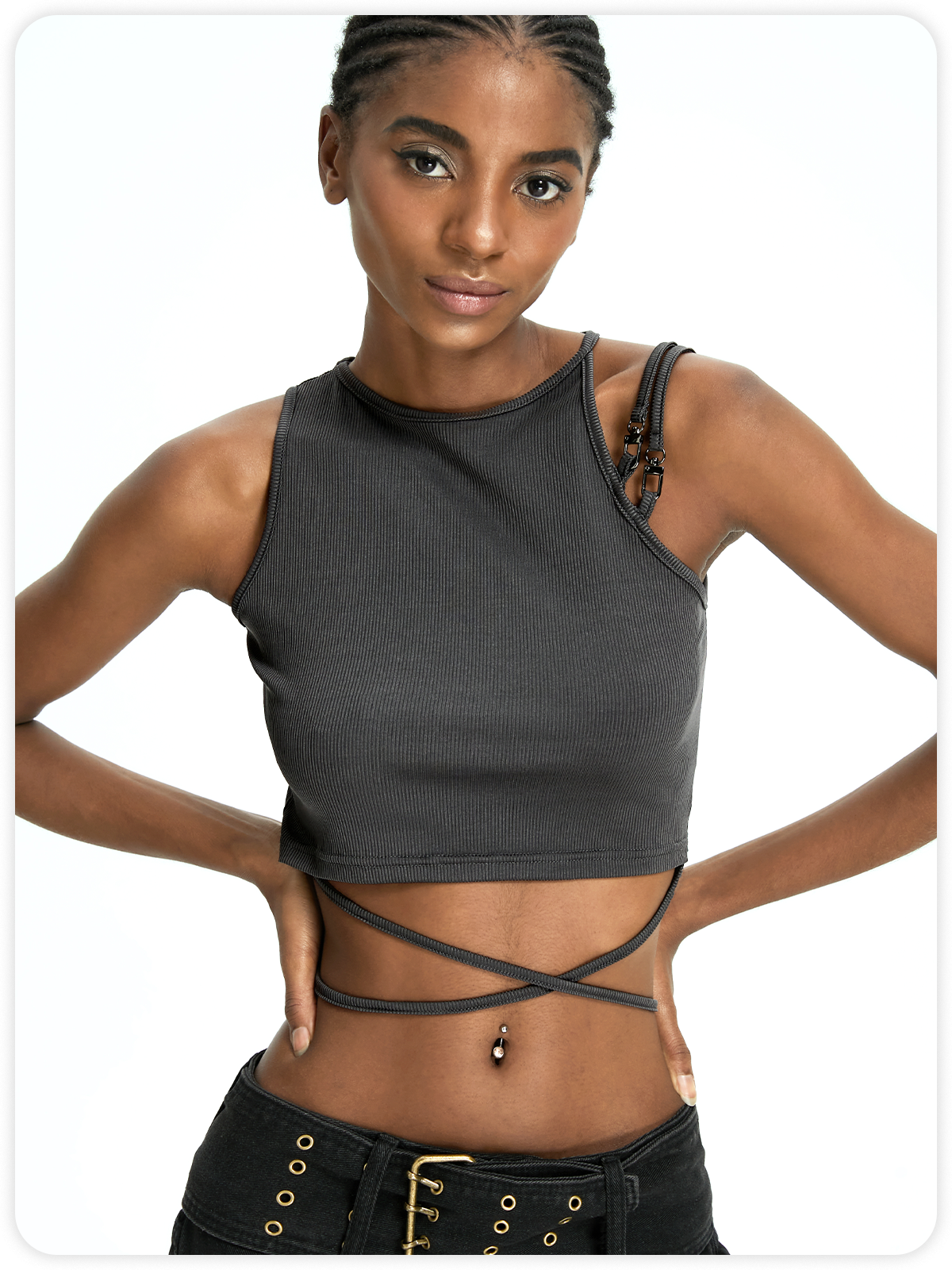 Street Gray Metal buckle Asymmetrical design Top Tank Top & Cami