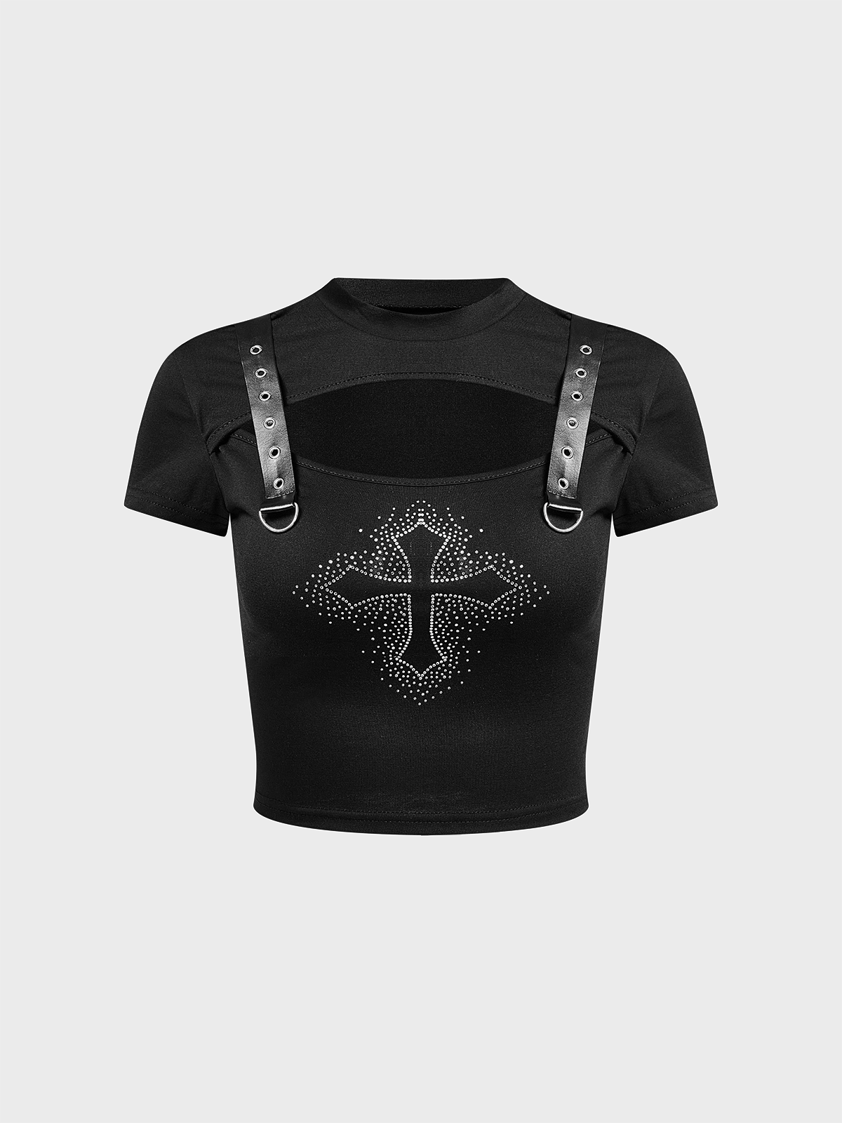 Cut Out Rhinestone Crew Neck Cross Short Sleeve T-Shirt