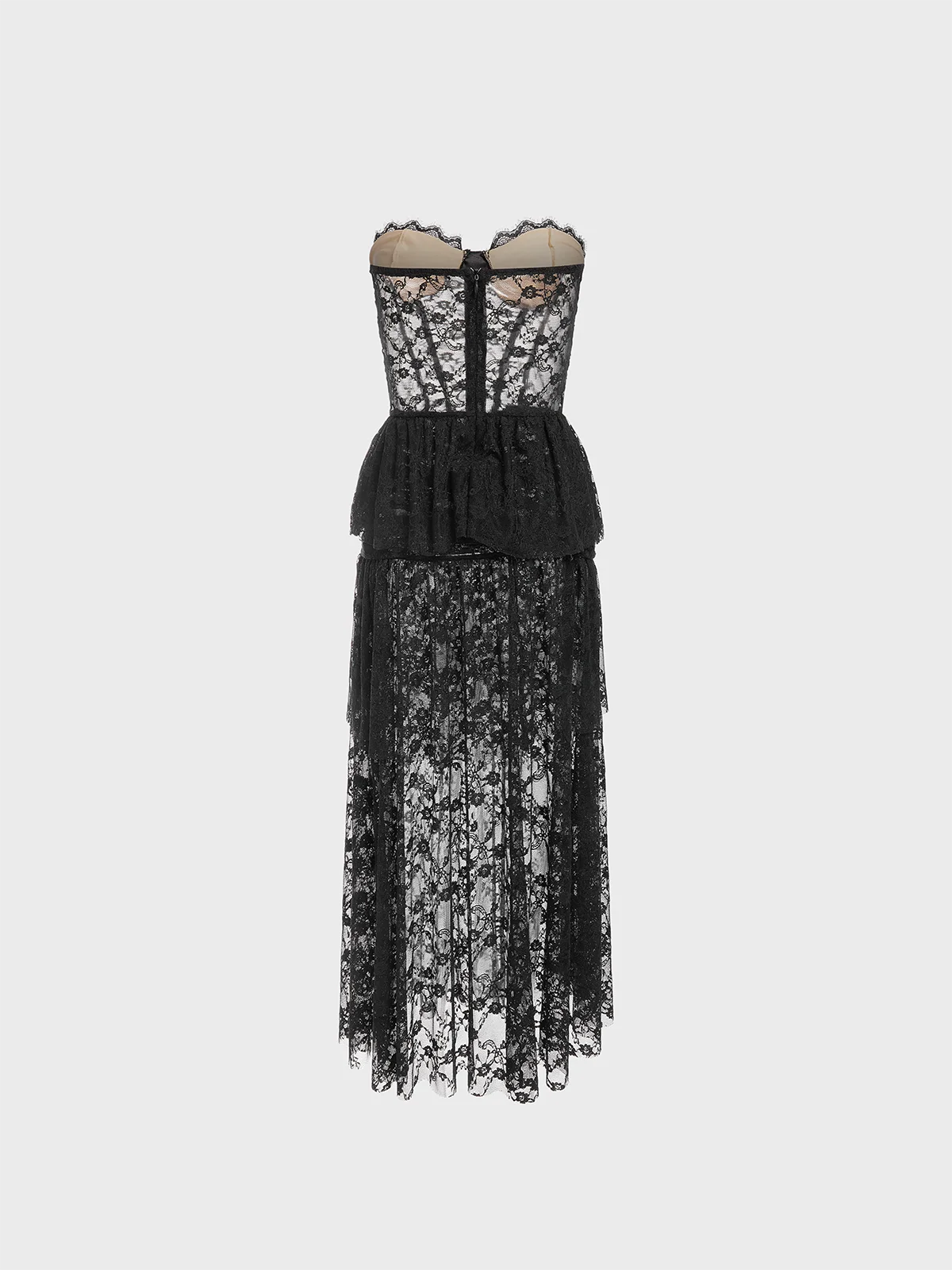 Lace Mesh Corset Ruffles Strapless Plain Sleeveless Maxi Dress