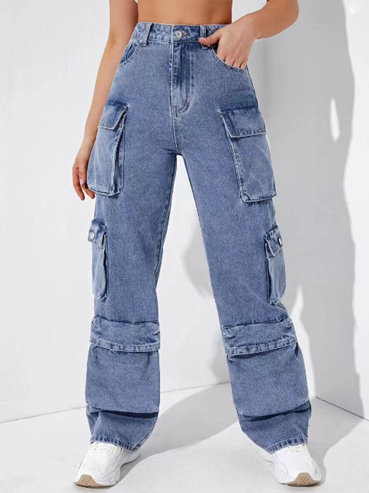 Denim Plain Straight Cargo Jeans