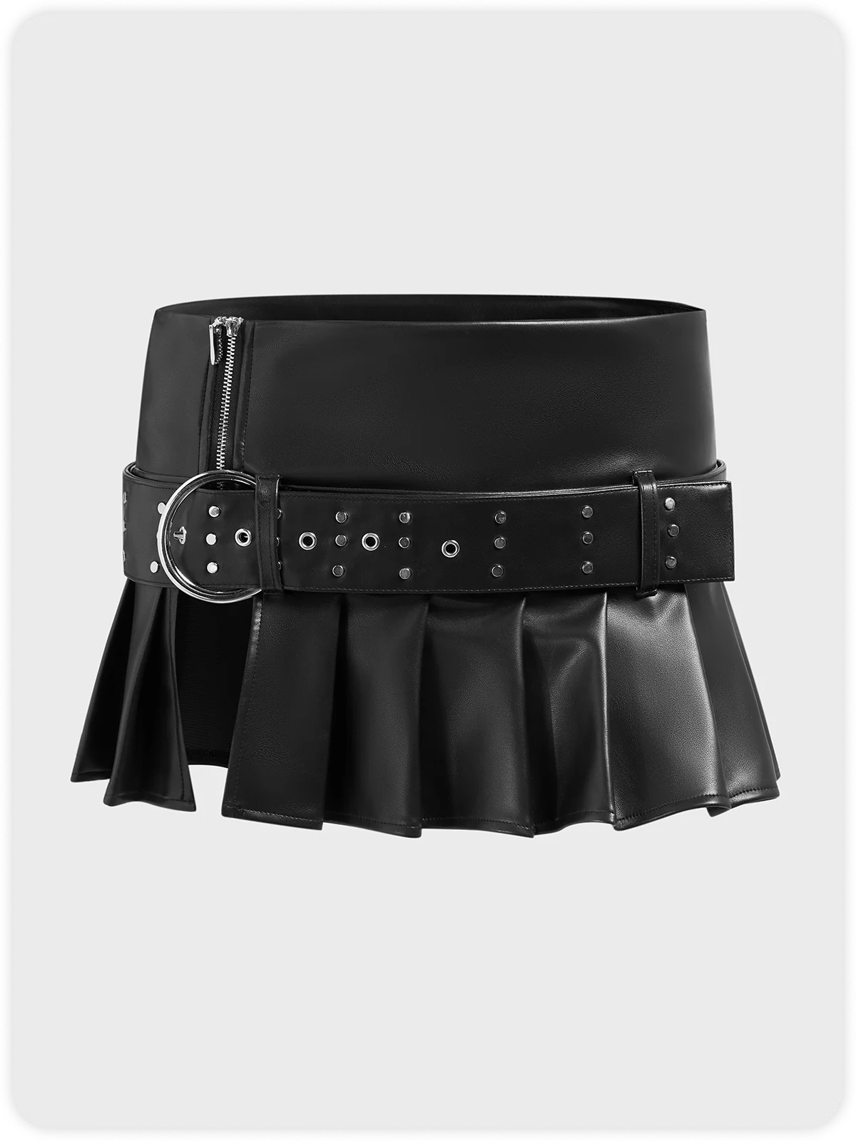 PU Pleated Removable Straps Punk Plain Short Skirt