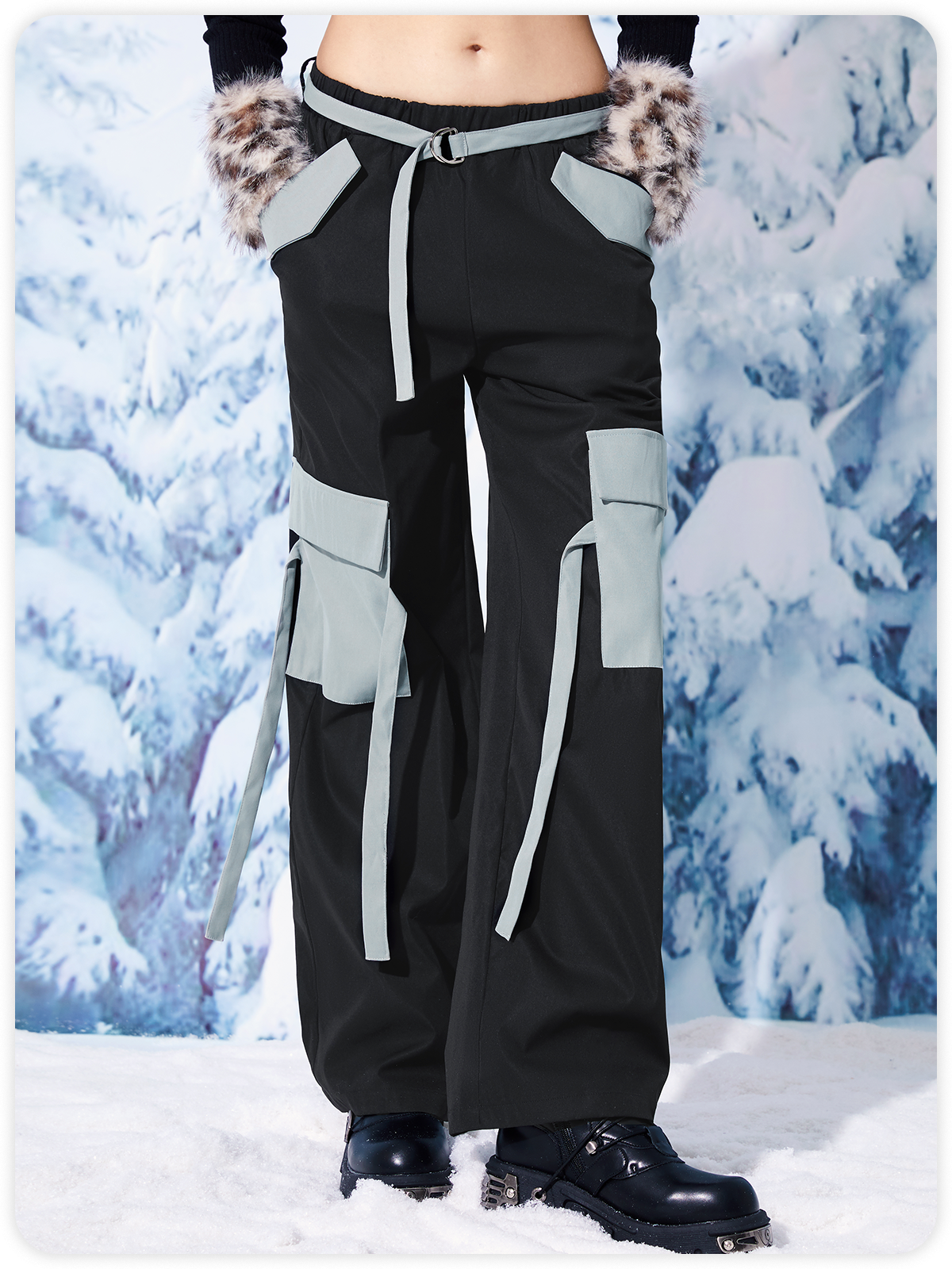 Street Black Cargo Pockets Color Block Bottom Pants