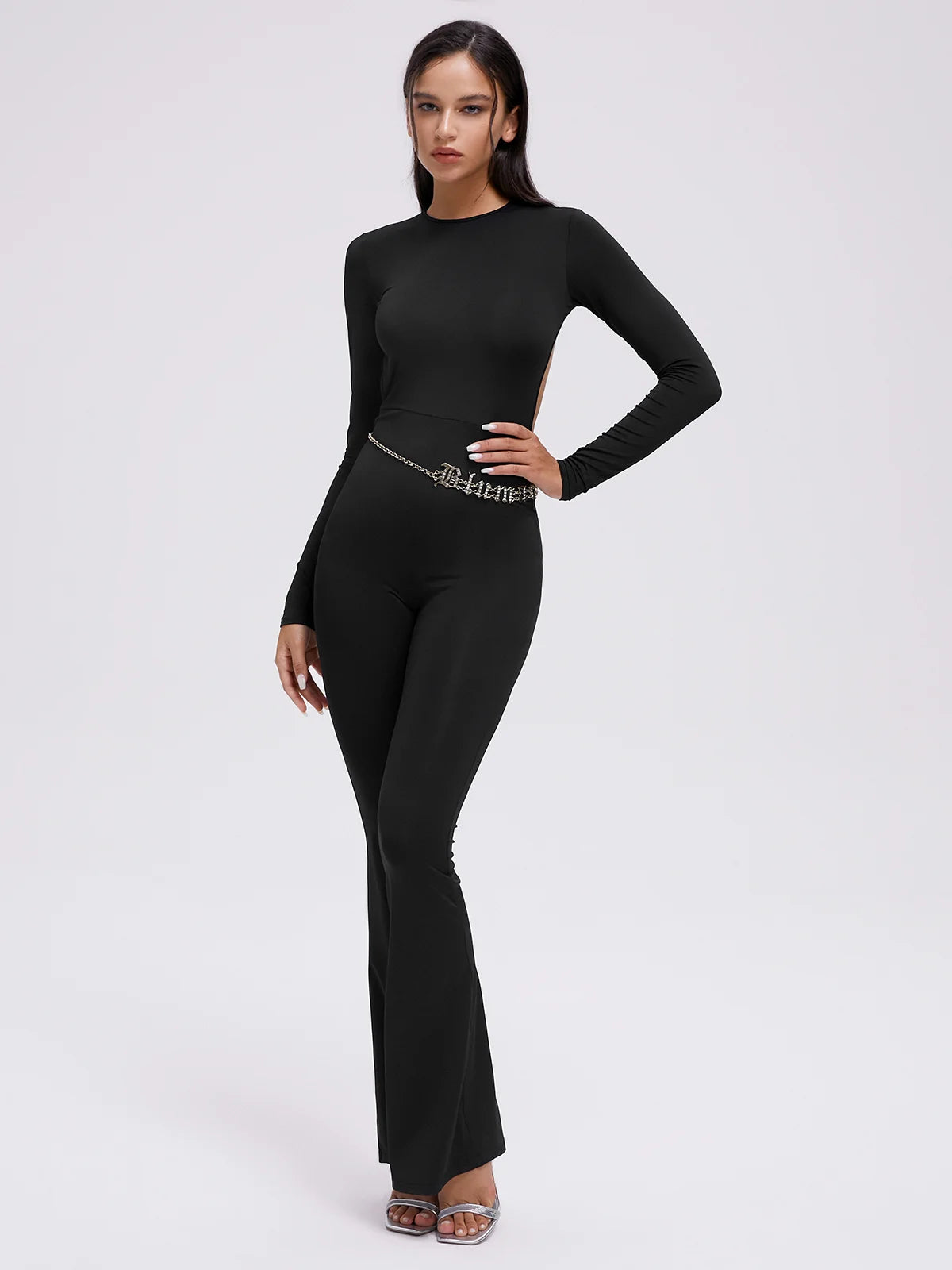 Backless Crew Neck Plain Long Sleeve Jumpsuit