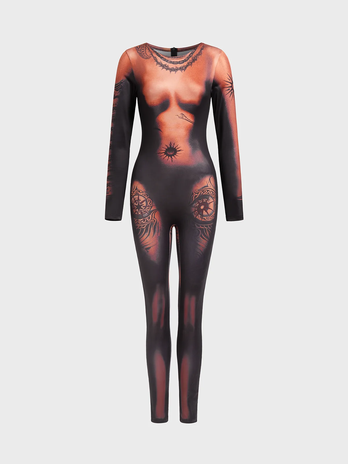 Body Print Crew Neck Long Sleeve Jumpsuit