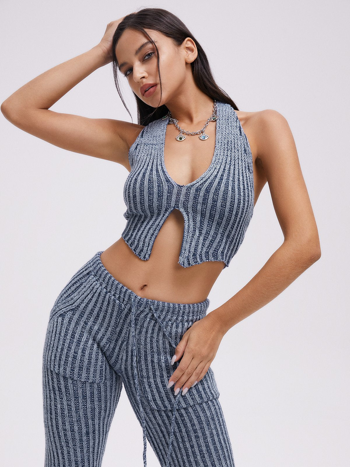 Halter Polka Dots Crop Top With Pants Two-Piece Set