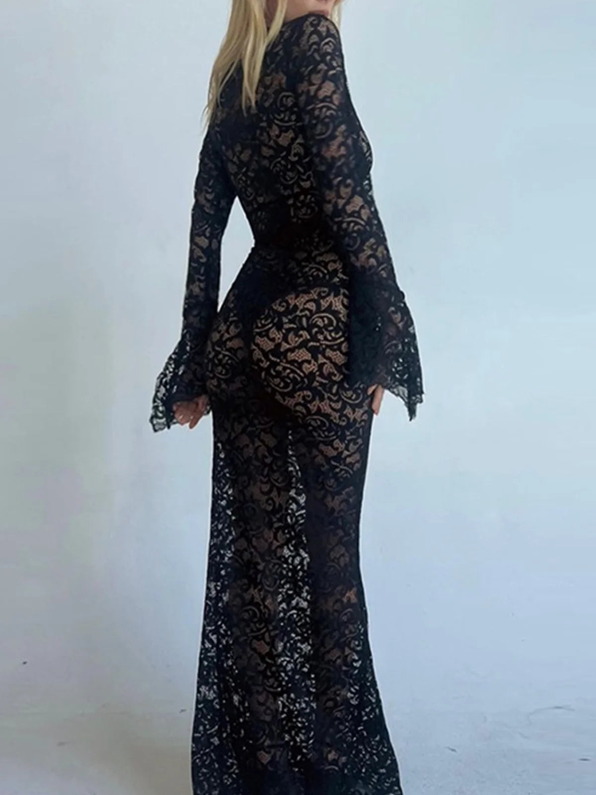 Lace V Neck Plain Long Sleeve Maxi Dress