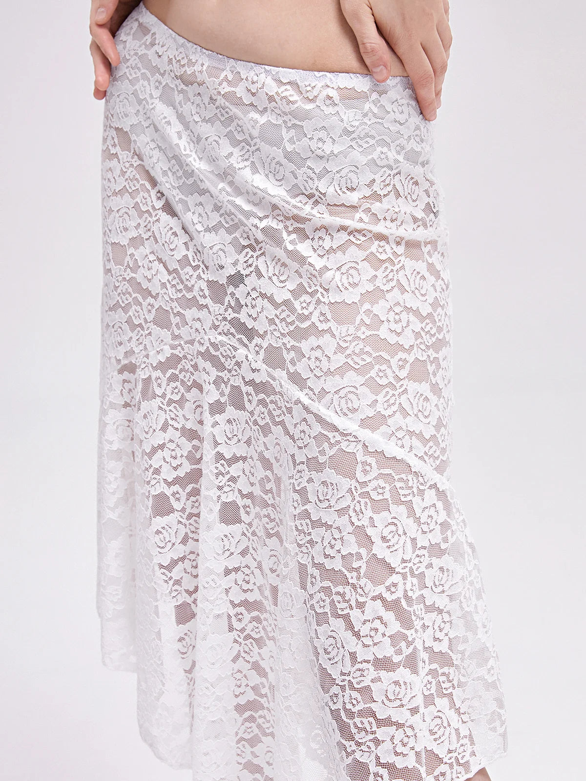 Lace Asymmetrical Plain Midi Skirt