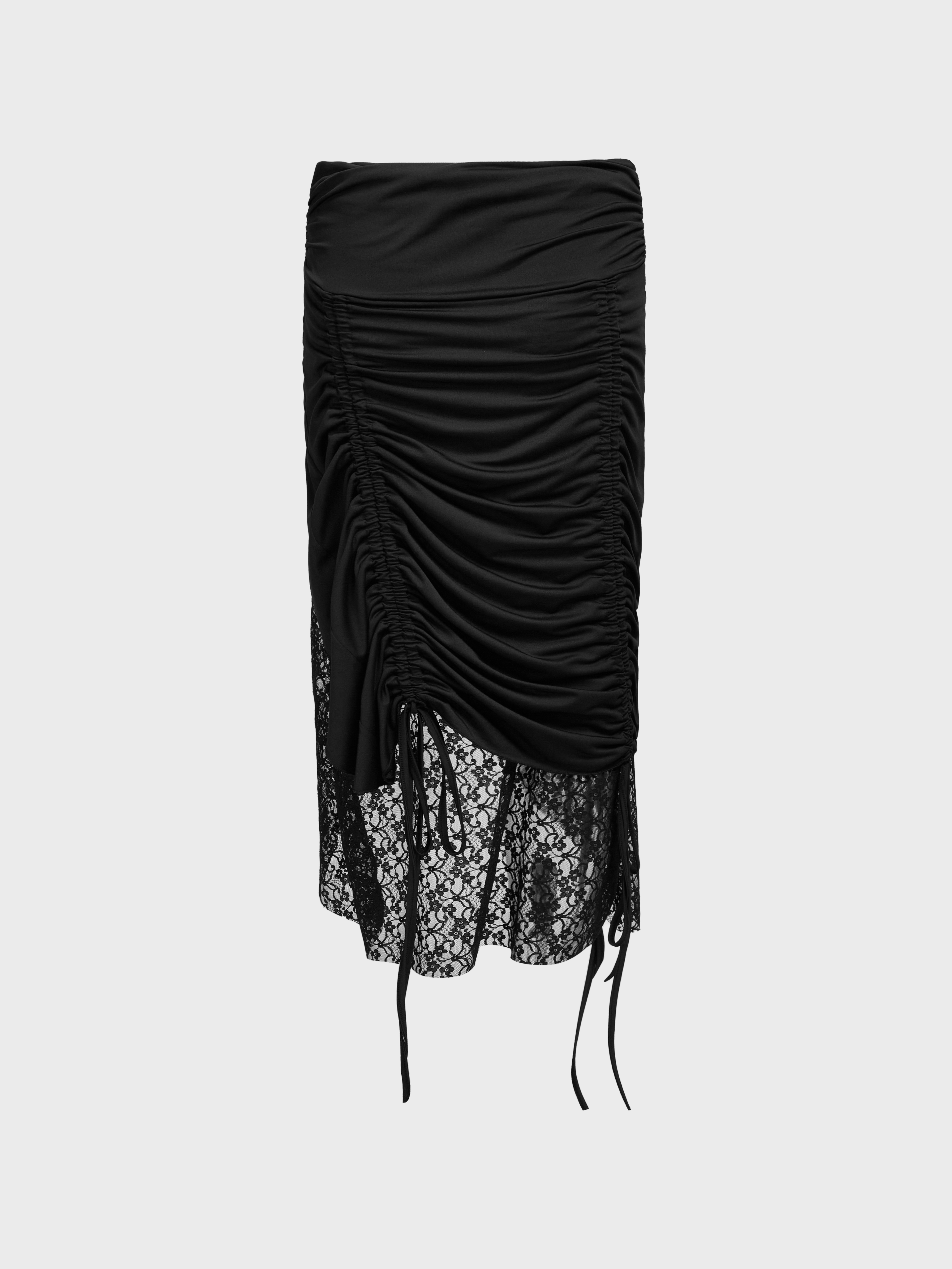 Lace Side Slit Wrinkled Plain Maxi Skirt