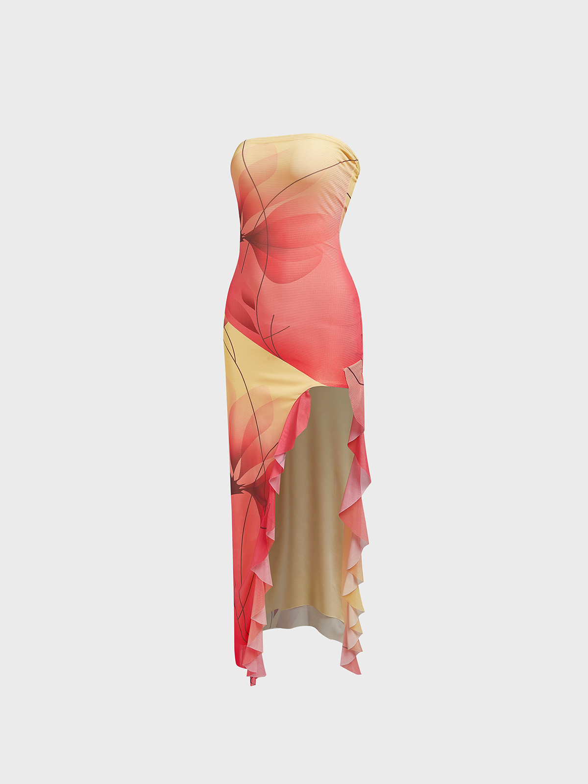 Side Slit Ruffles Mesh Strapless Leaf Sleeveless Maxi Dress