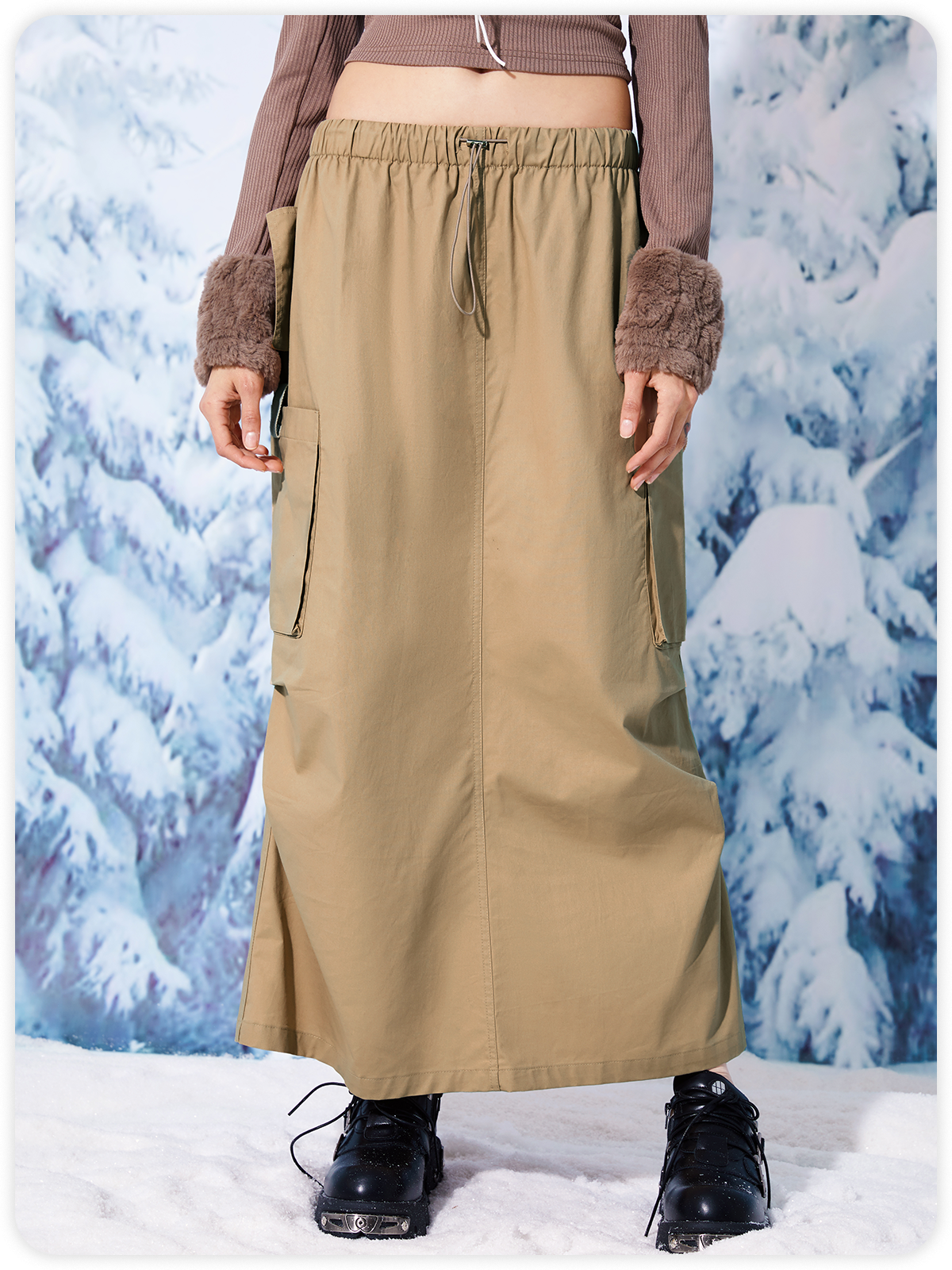 Street Khaki Pockets Bottom Skirt