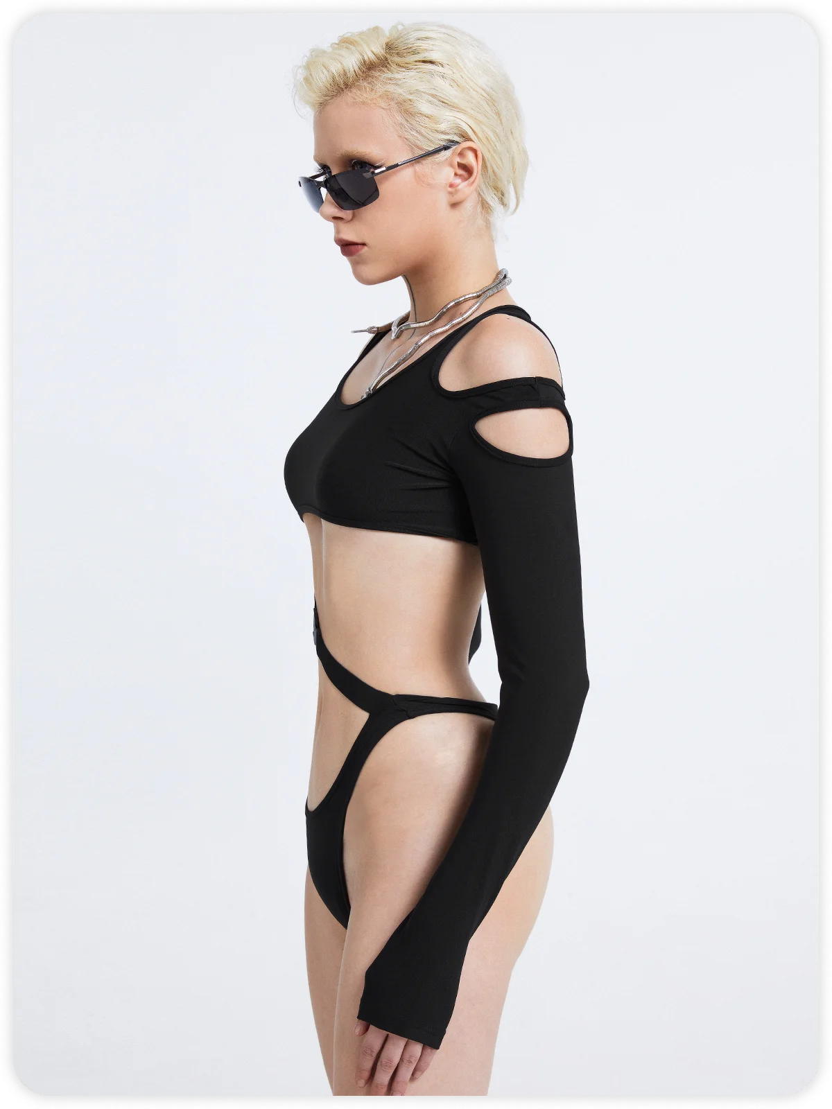 Edgy Black Cut Out Asymmetrical Design Bodysuit