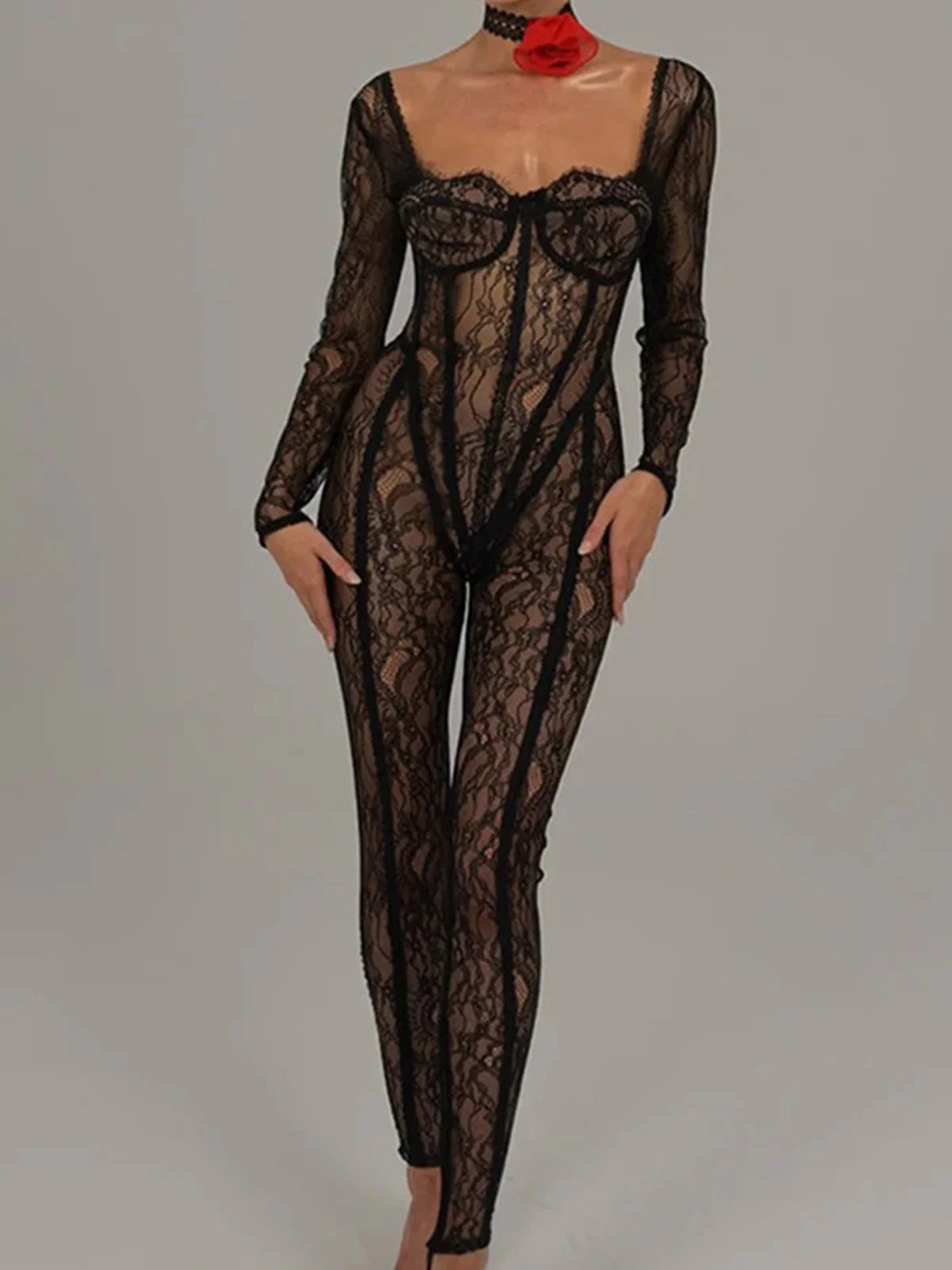 Lace Square Neck Plain Long Sleeve Jumpsuit