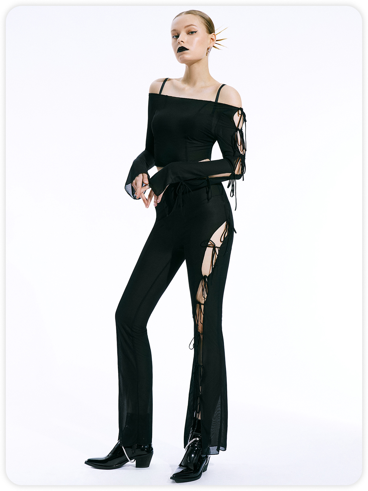 Y2K Black Lace Up Asymmetrical Design Mesh Bottom Pants