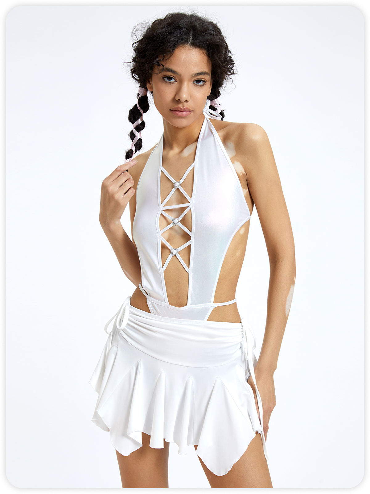 Edgy Balletcore White Lace up Heart Bodysuit