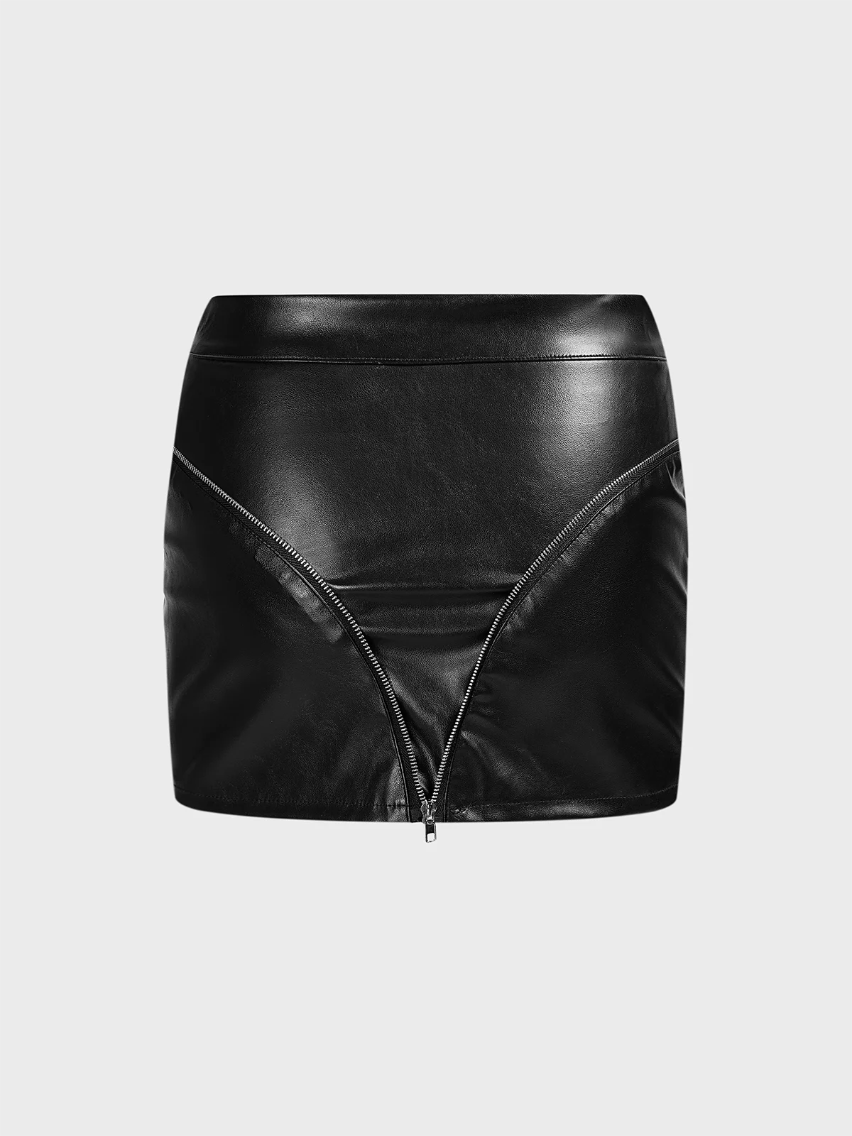 PU Zipper Plain Short Skirt