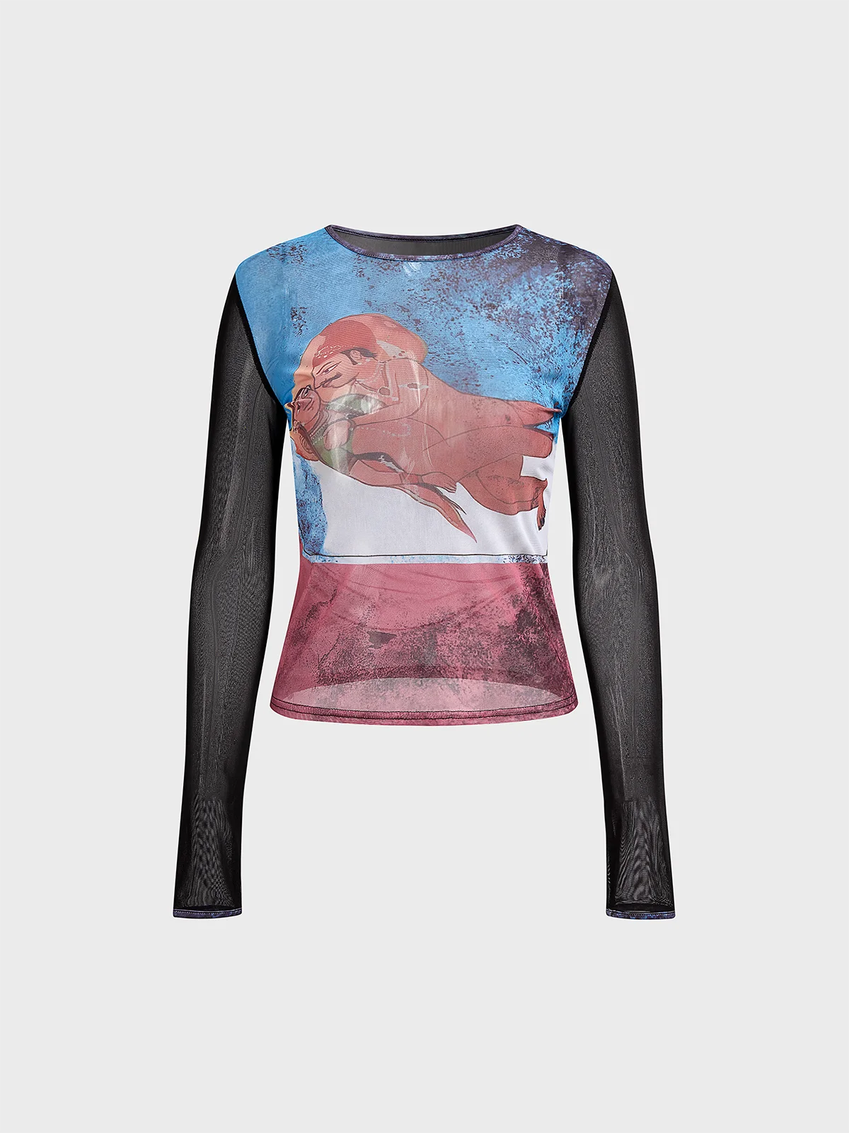 Mesh Crew Neck Mural Long Sleeve Shirt