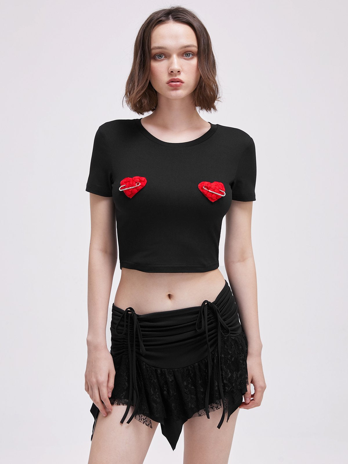 Metal Crew Neck Heart Short Sleeve T-Shirt