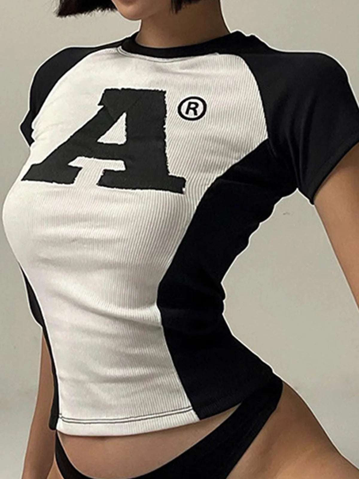 Color Block Crew Neck Text Letters Short Sleeve T-Shirt