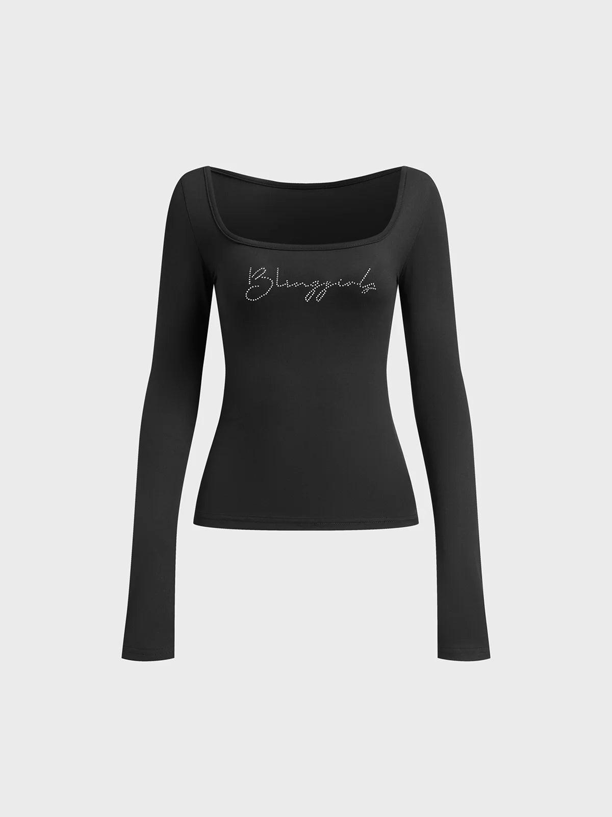 Rhinestone Square Neck Text Letters Long Sleeve T-Shirt