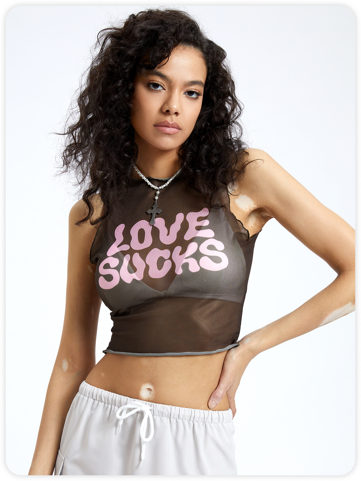 Y2k Brown Mesh Letter Top Tank Top & Cami