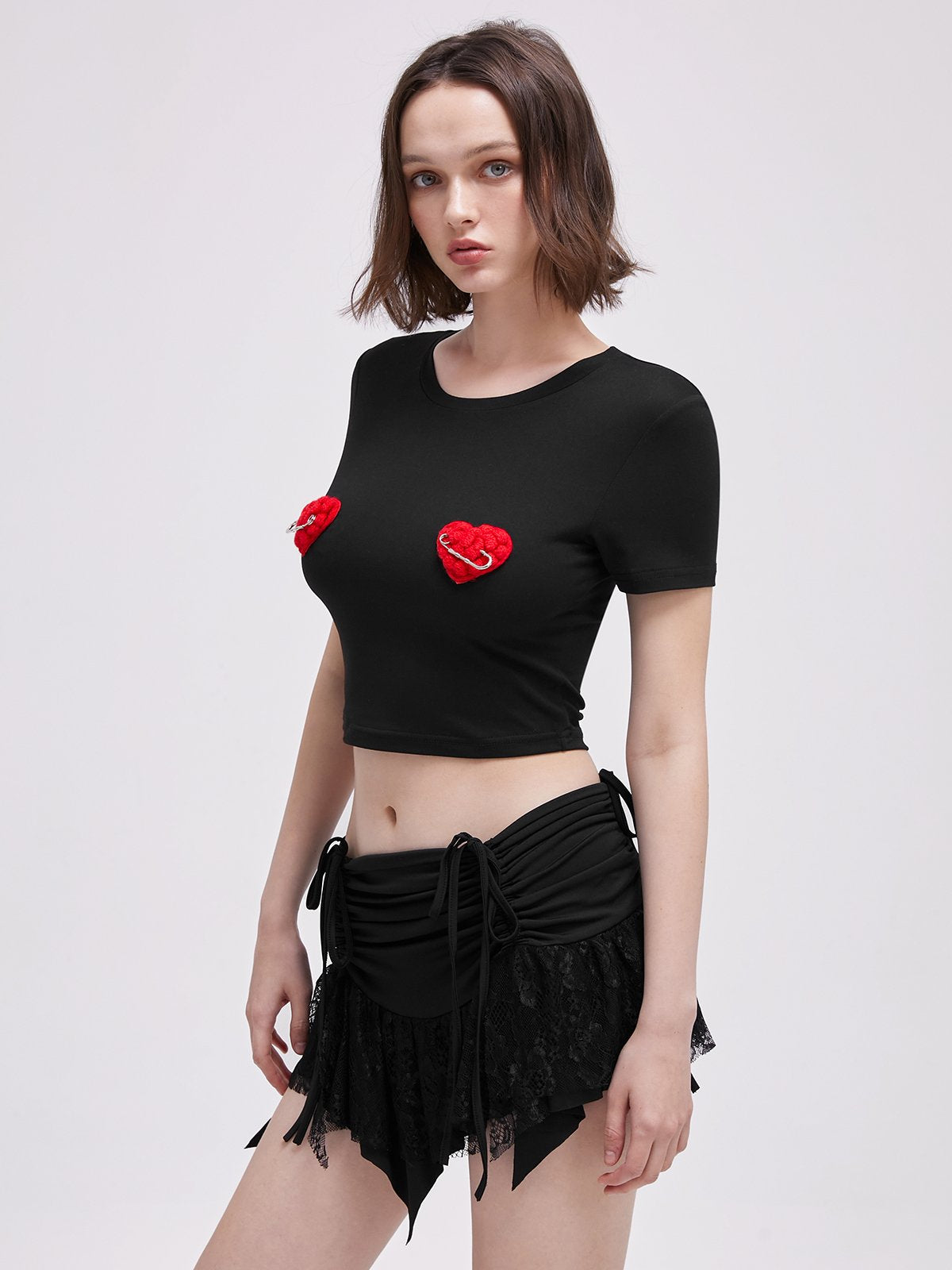 Metal Crew Neck Heart Short Sleeve T-Shirt