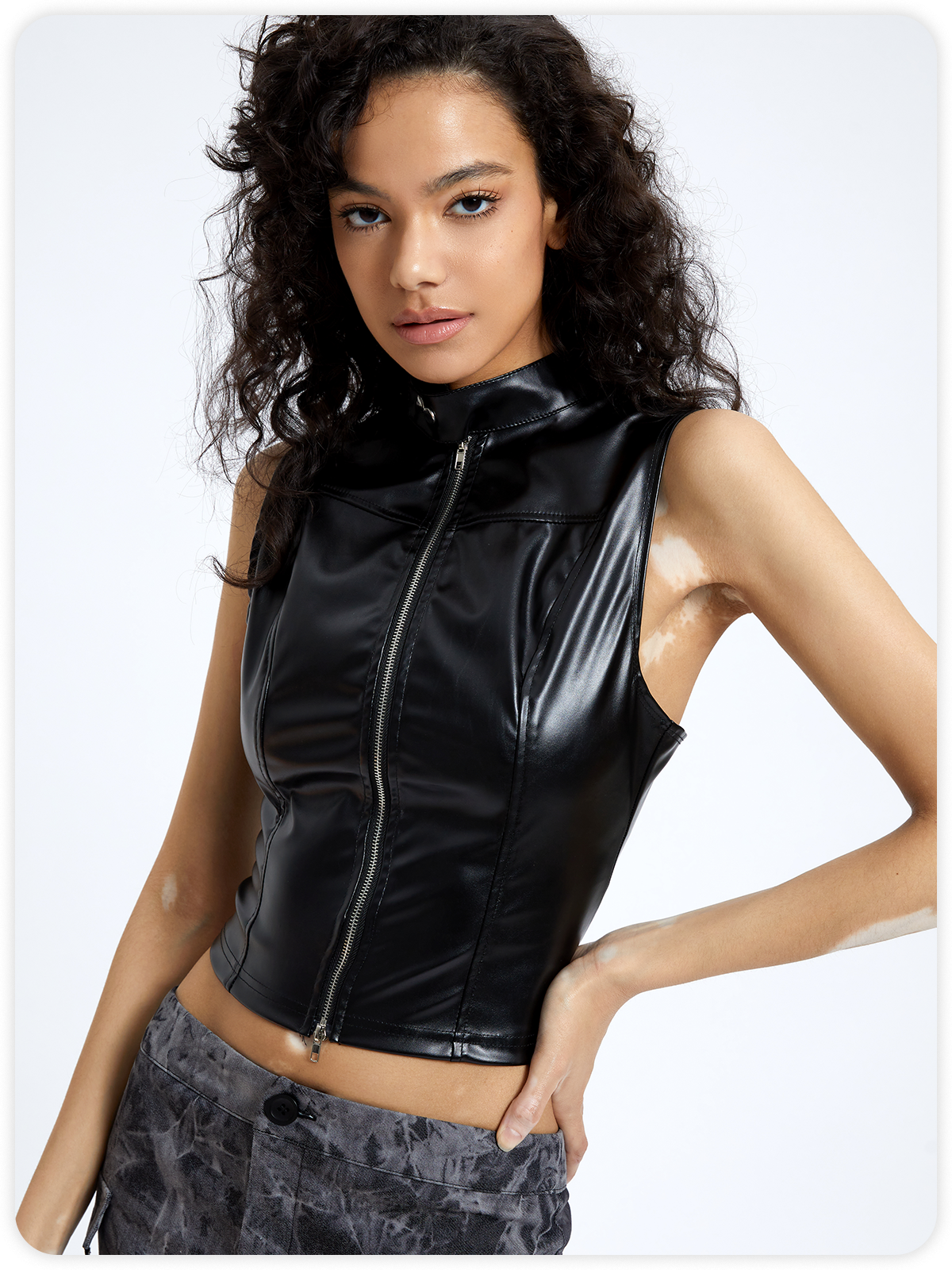 Street Black Leather Backless Zip up Top Tank Top & Cami