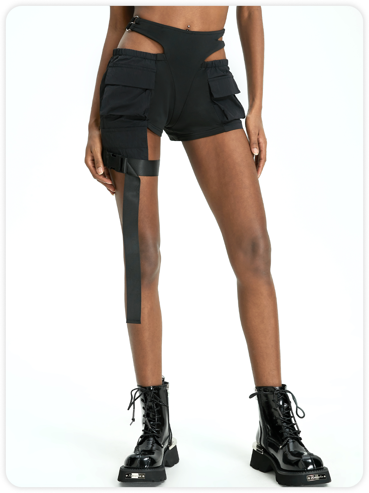 Street Black Pockets Lace up Bottom Shorts